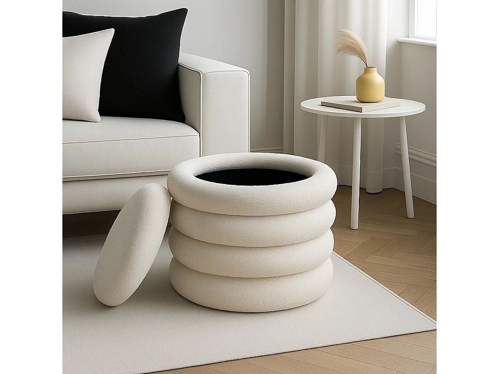 Bubble - Lot de 2 poufs coffres ronds en tissu bouclette ø47cm - Blanc
