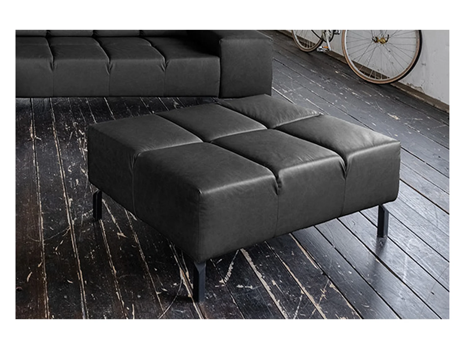 Pouf rembourré - Noir cuir - NELSON