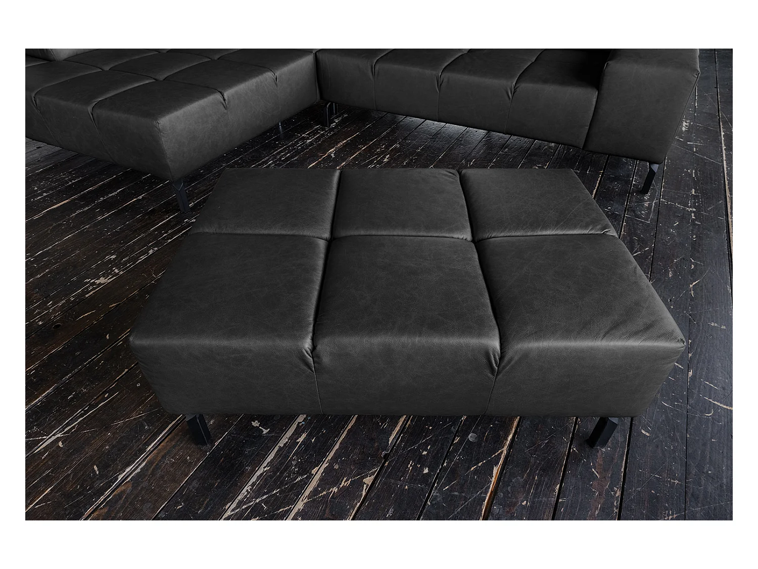 Pouf rembourré - Noir cuir - NELSON