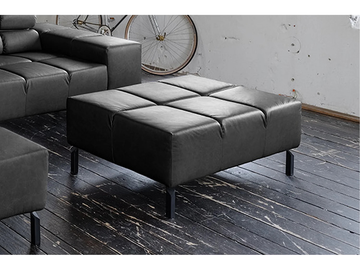 Polsterhocker - Schwarz Leder - NELSON