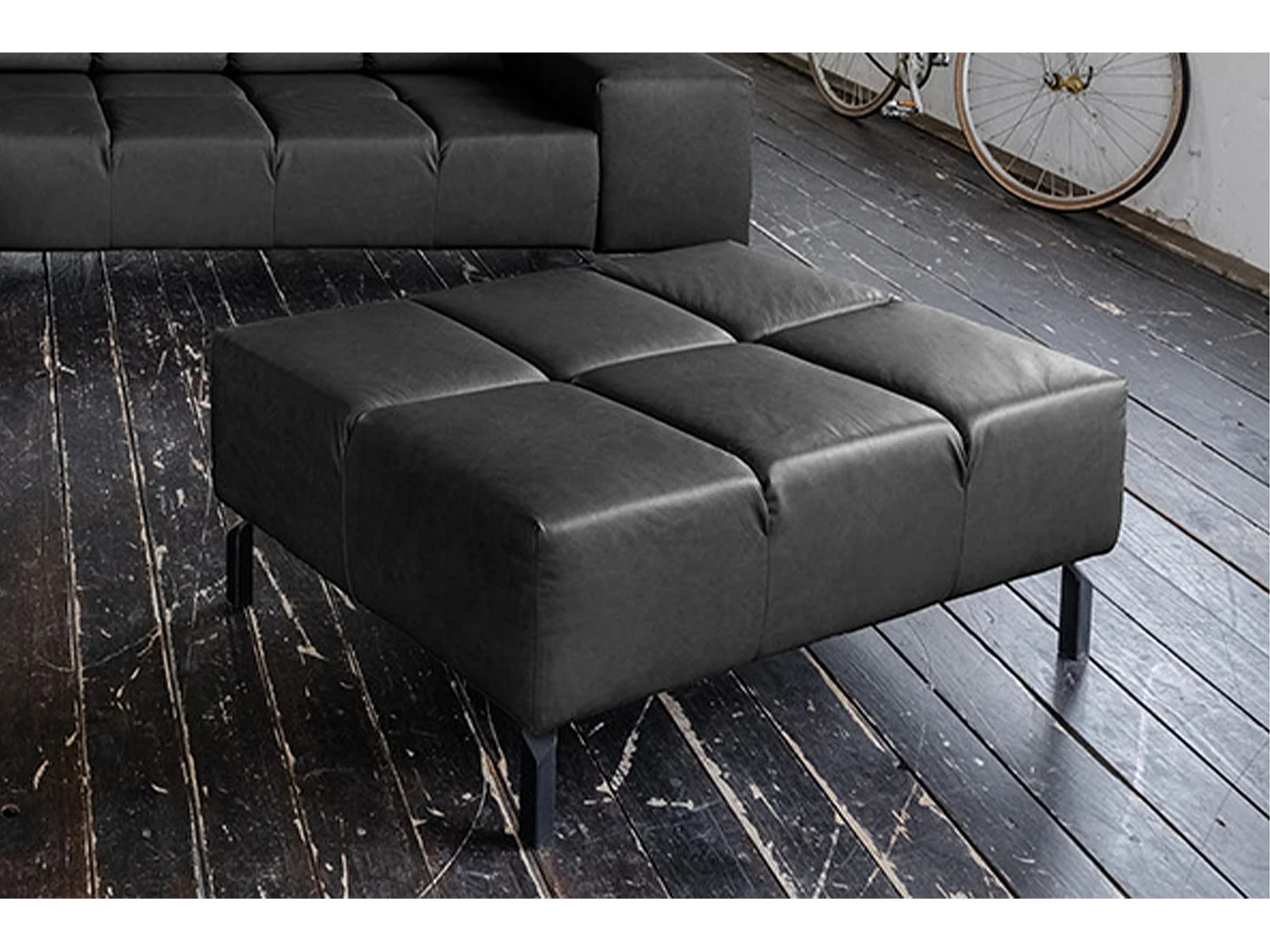 Polsterhocker - Schwarz Leder - NELSON