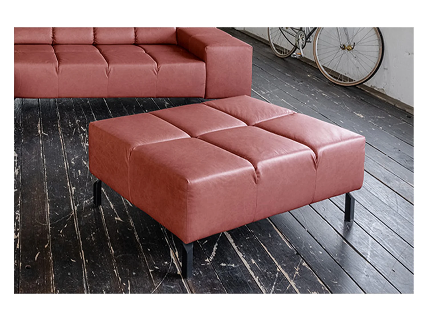 Pouf rembourré - Rouge cuir - NELSON