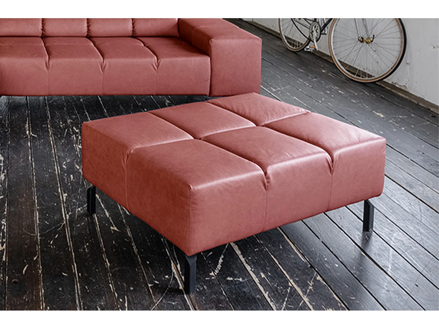 Pouf rembourré - Rouge cuir - NELSON