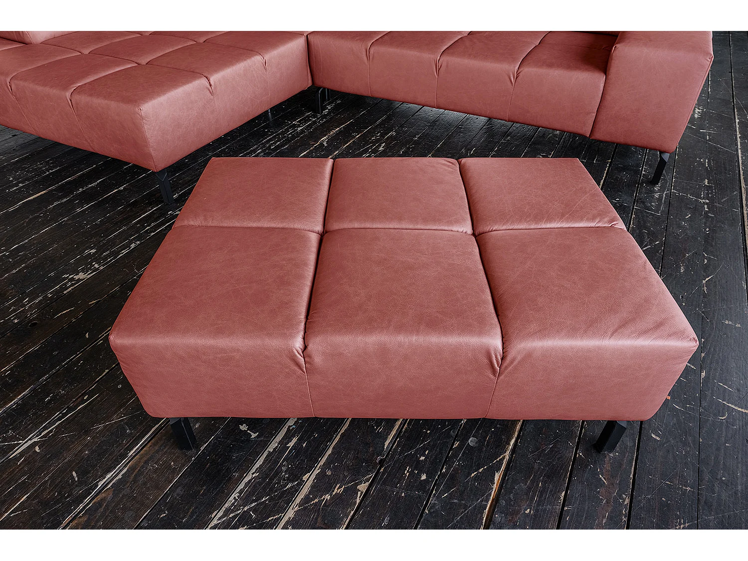 Pouf rembourré - Rouge cuir - NELSON