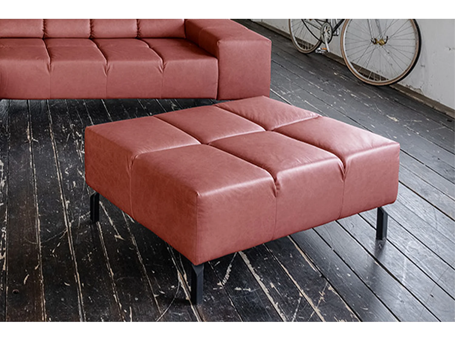 Pouf rembourré - Rouge cuir - NELSON