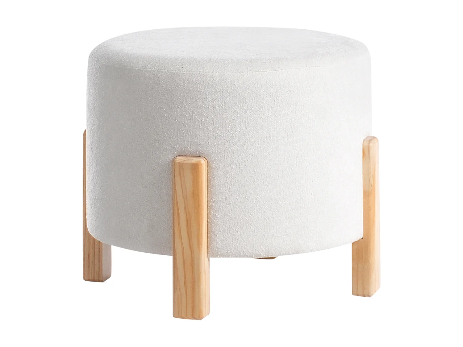 Pouf Chenille Stoffbezug creme weiß gepolstert rund auf Holzbeinen Terry