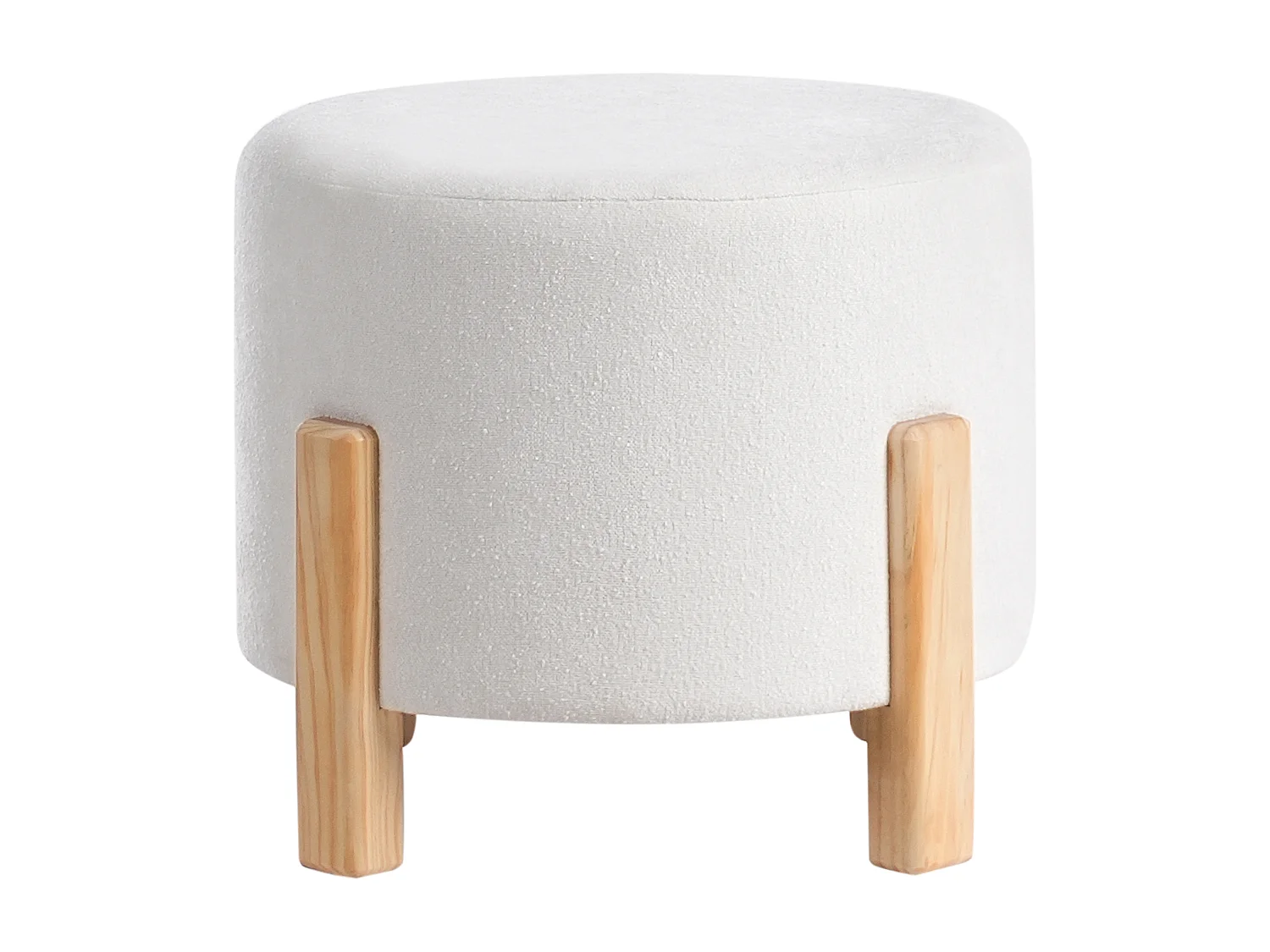 Pouf Chenille Stoffbezug creme weiß gepolstert rund auf Holzbeinen Terry