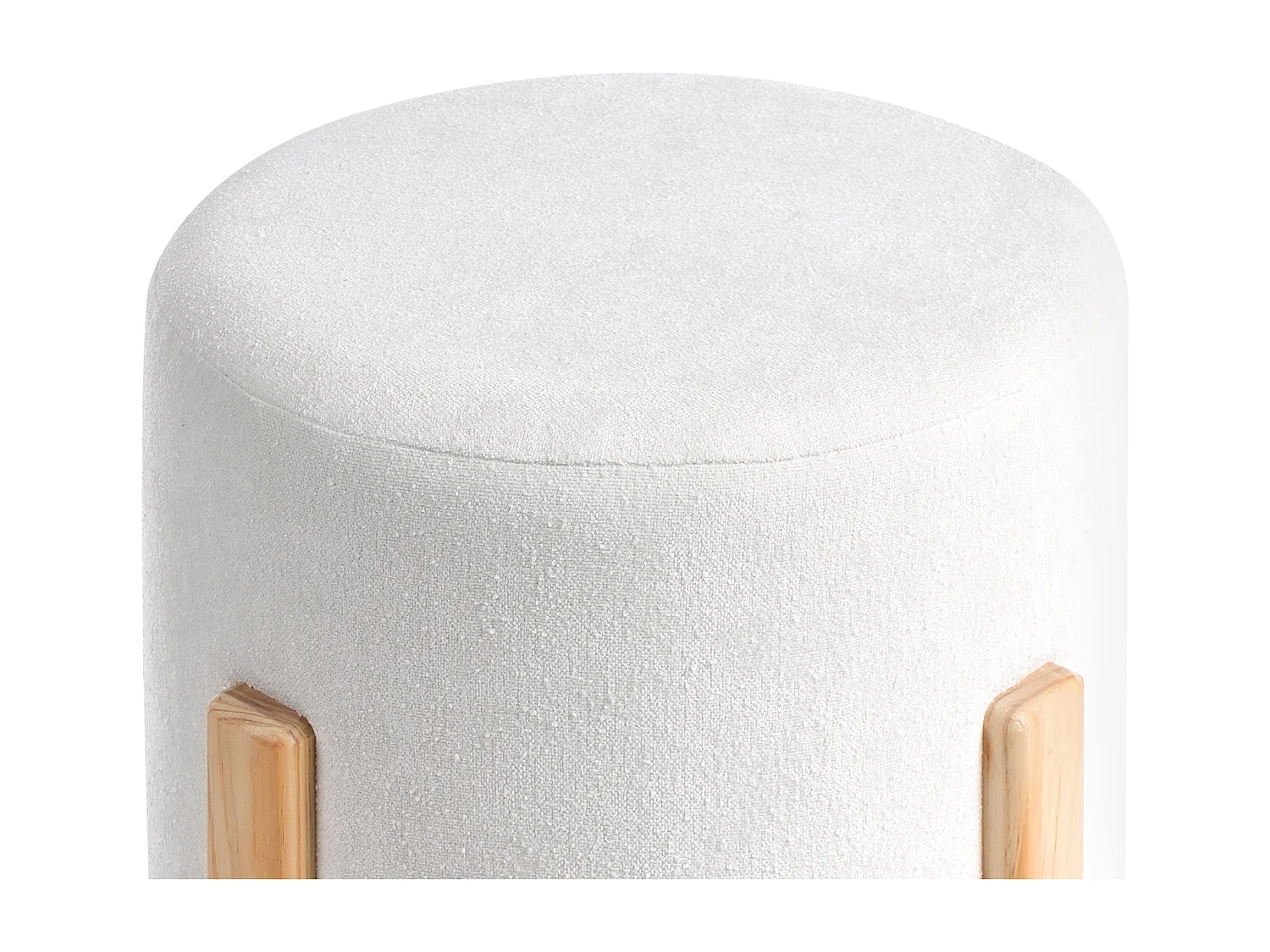 Pouf Chenille Stoffbezug creme weiß gepolstert rund auf Holzbeinen Terry