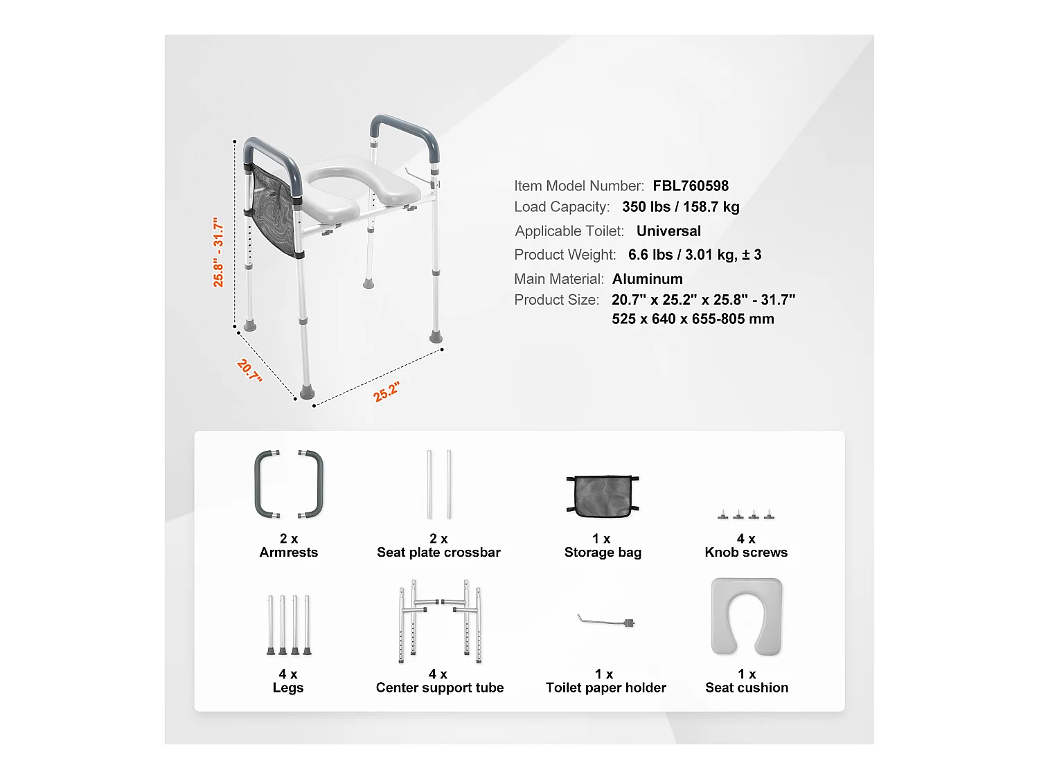 Siège de Toilette Surélevé SucceBuy, Réglage de Hauteur en 7 Positions, 158,7 kg, Cadre en Aluminium