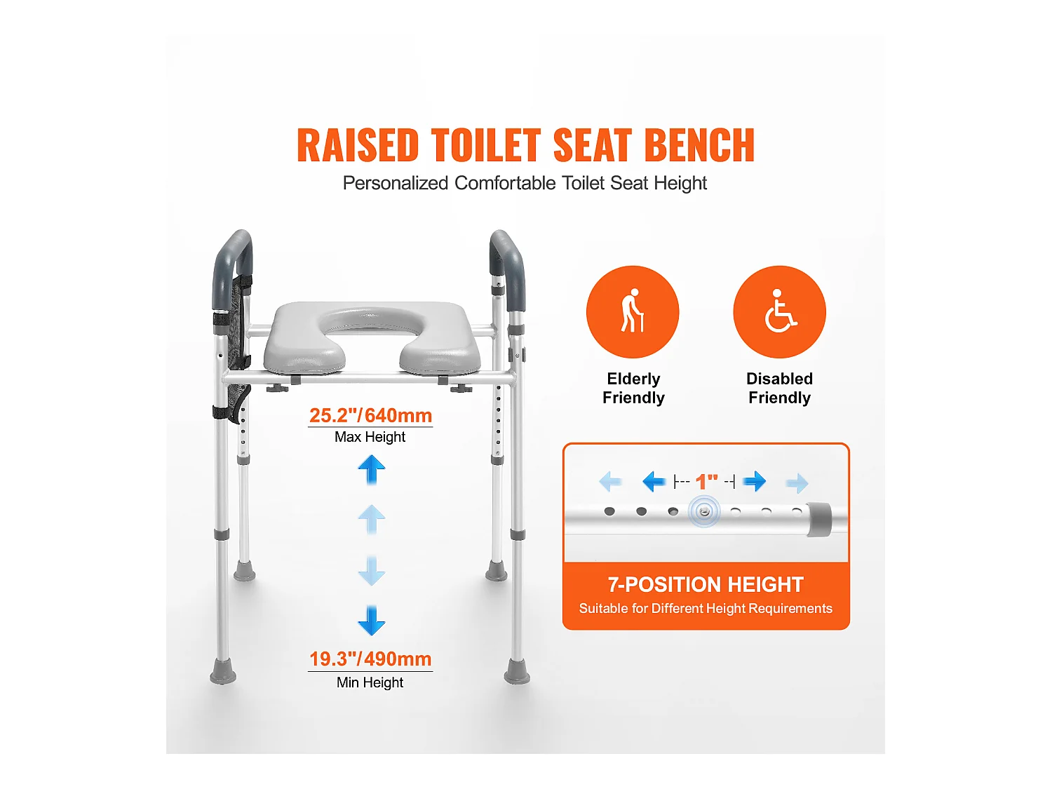 Siège de Toilette Surélevé SucceBuy, Réglage de Hauteur en 7 Positions, 158,7 kg, Cadre en Aluminium