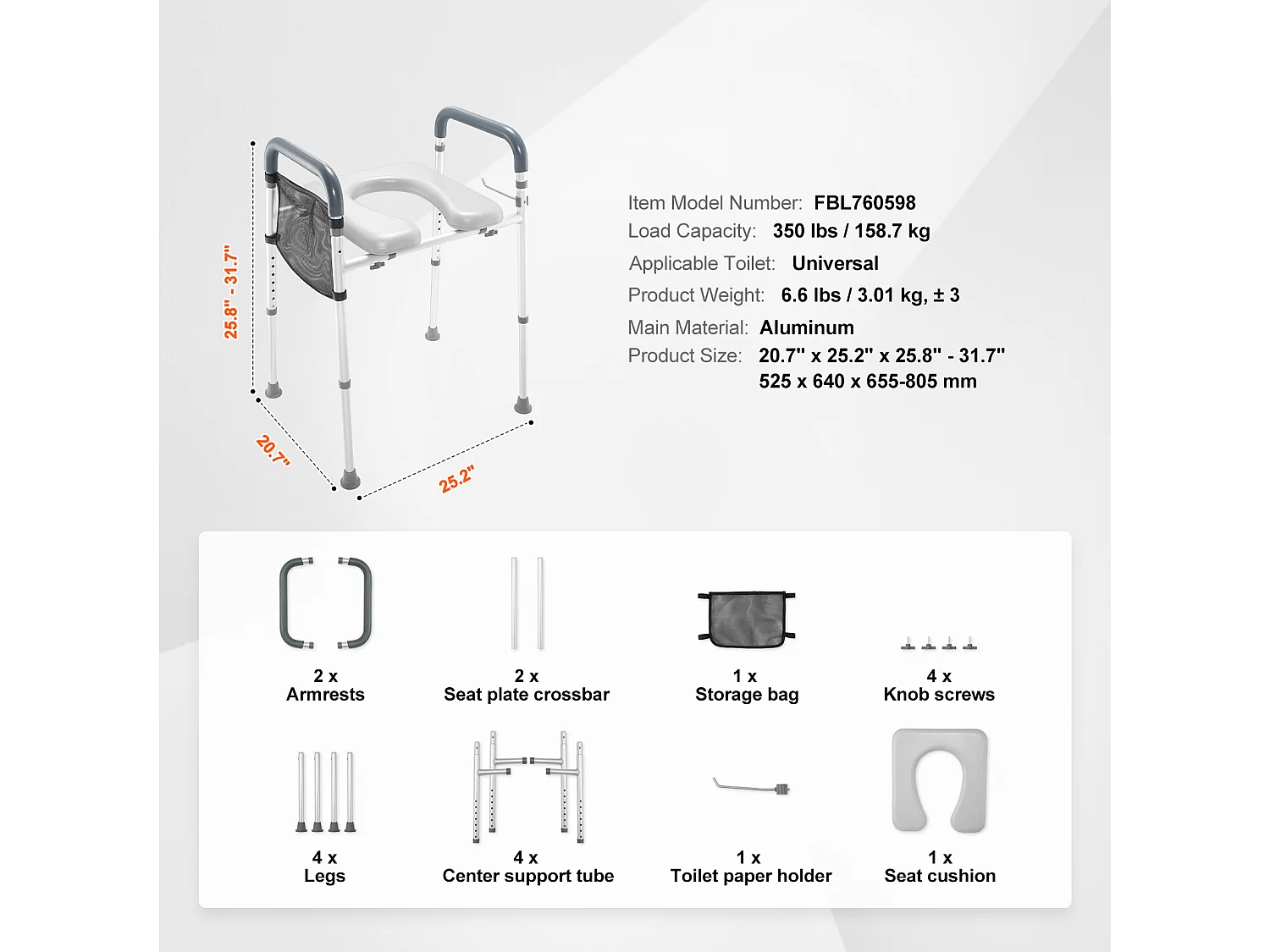 Siège de Toilette Surélevé SucceBuy, Réglage de Hauteur en 7 Positions, 158,7 kg, Cadre en Aluminium