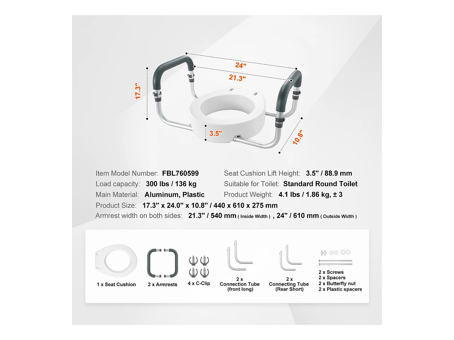 Assento Sanitário Elevado SucceBuy, 88,9 mm de Altura, Capacidade 136 kg, Barras de Apoio em Alumínio, Branco