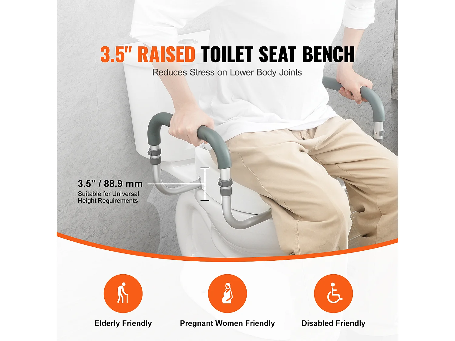 Assento Sanitário Elevado SucceBuy, 88,9 mm de Altura, Capacidade 136 kg, Barras de Apoio em Alumínio, Branco