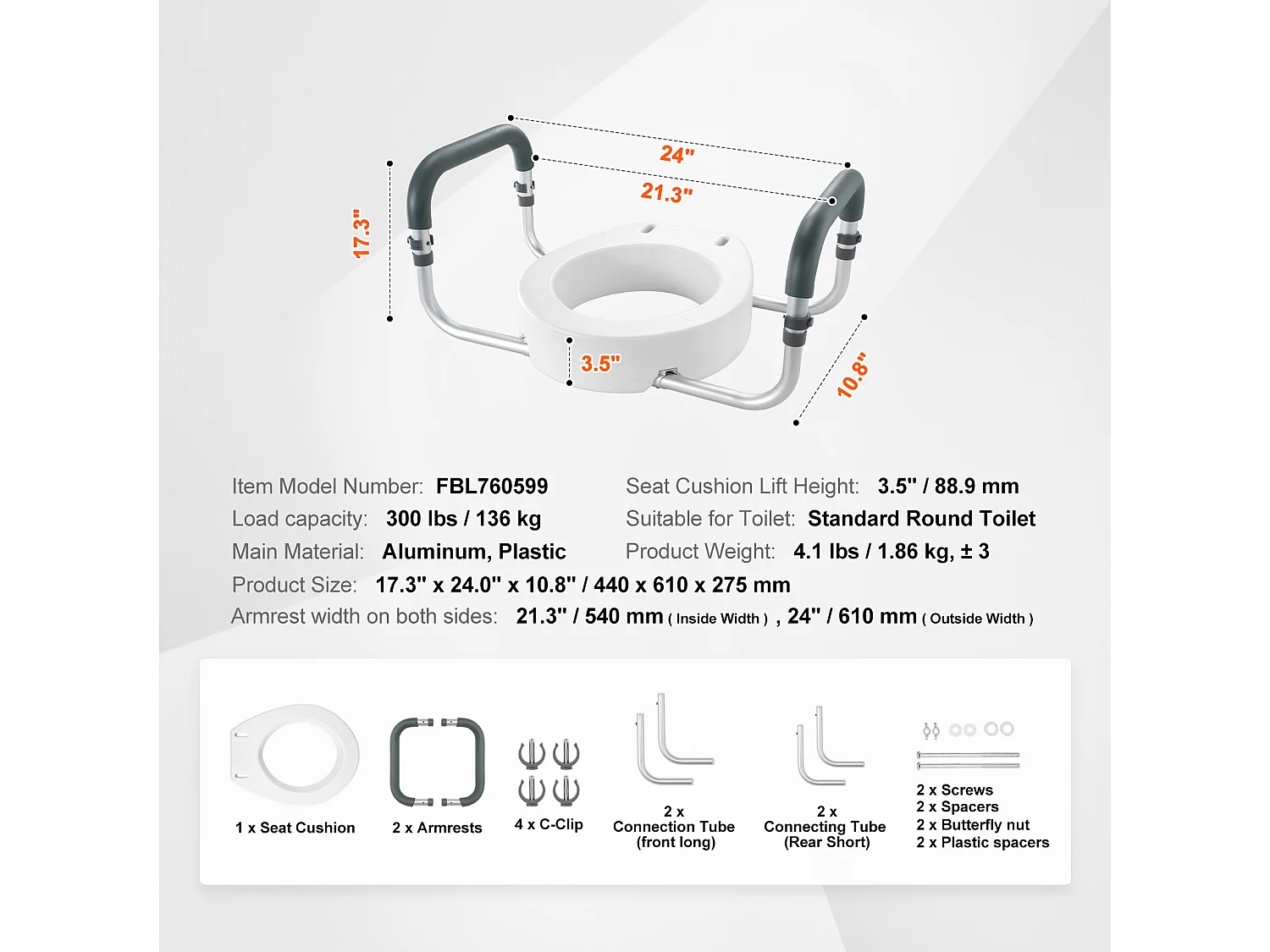 Siège de Toilette Surélevé SucceBuy, 88,9 mm de Hauteur, Capacité 136 kg, Rampe en Aluminium, Blanc
