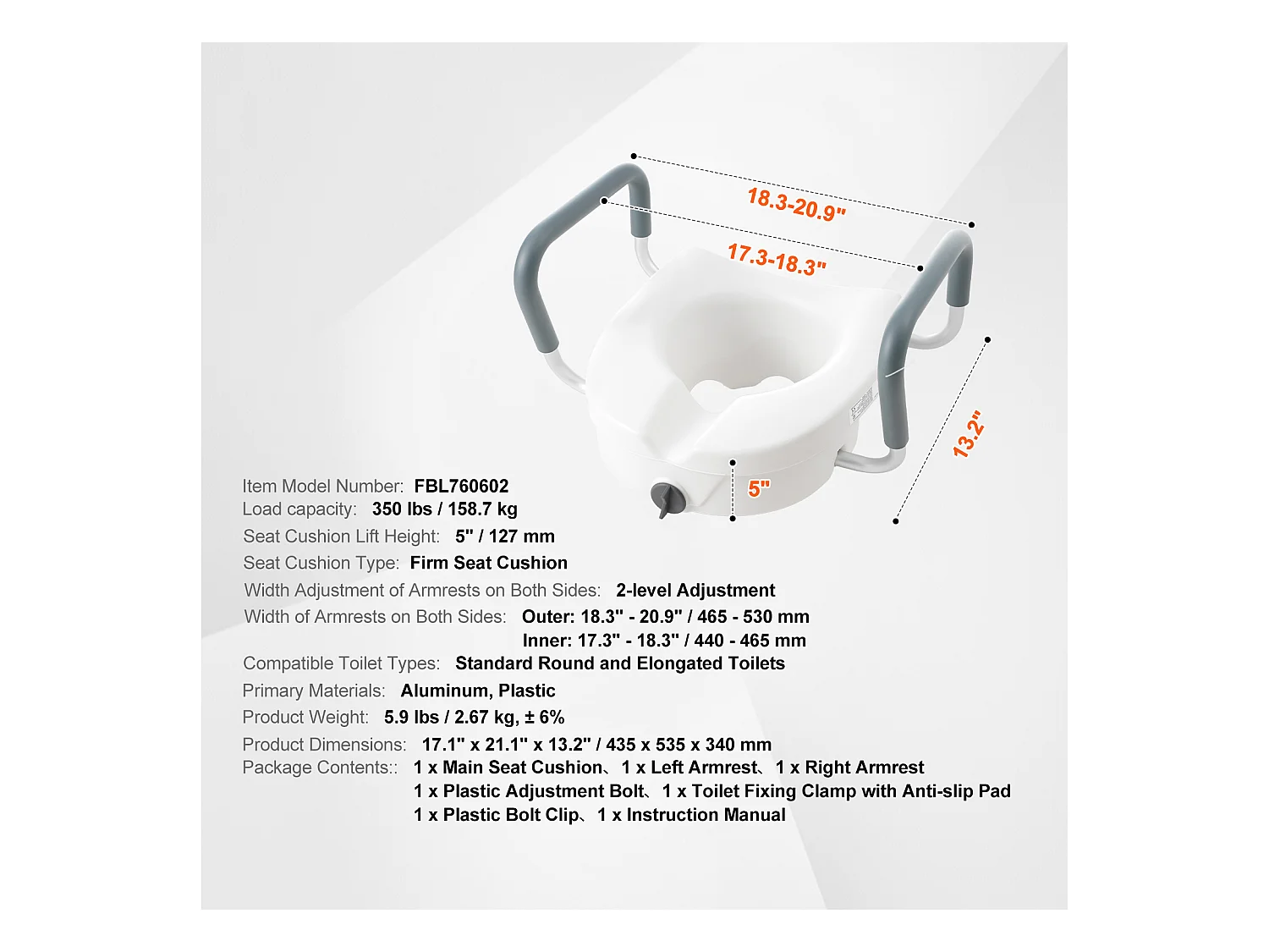 Assento Sanitário Elevado SucceBuy, Altura 12,7 cm, Capacidade 158 kg, Largura Ajustável 48,1 a 55,9 cm, Branco