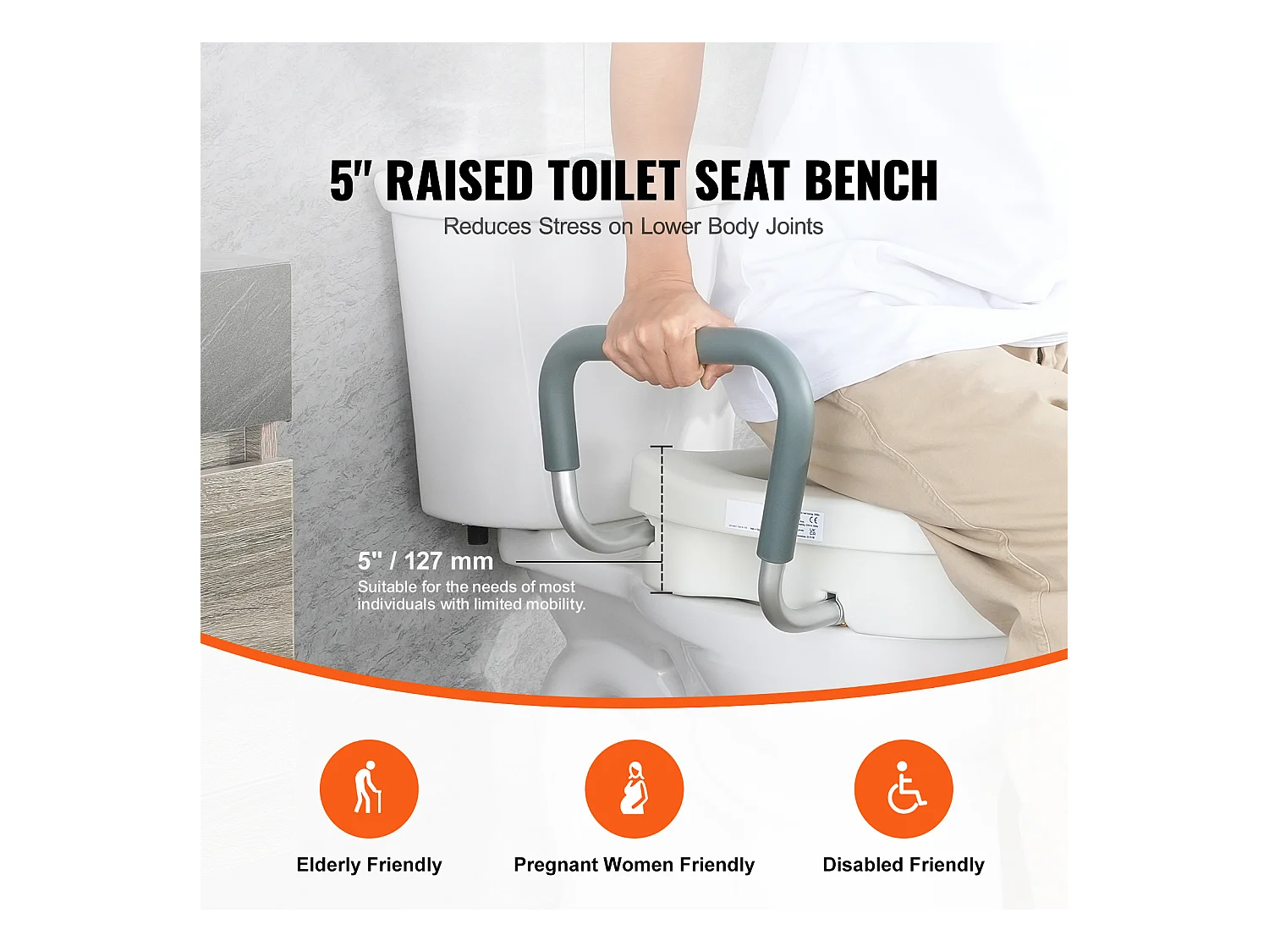 Assento Sanitário Elevado SucceBuy, Altura 12,7 cm, Capacidade 158 kg, Largura Ajustável 48,1 a 55,9 cm, Branco