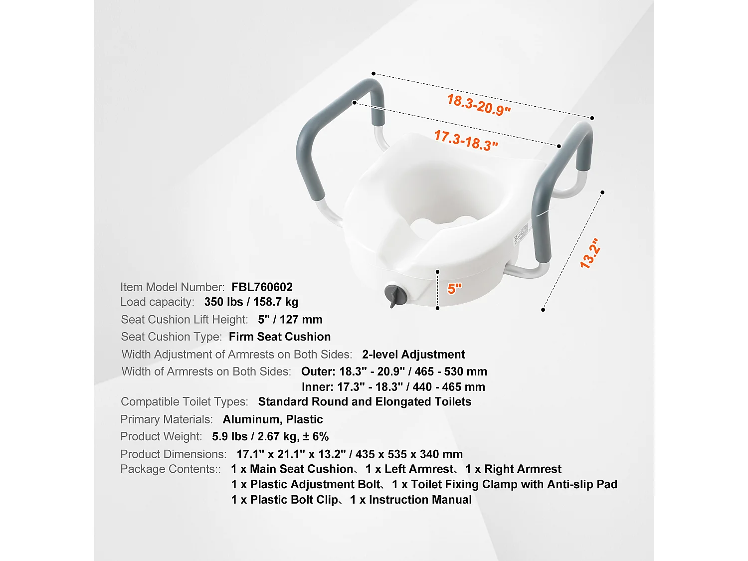 Siège de Toilette Surélevé SucceBuy, Hauteur 12,7 cm, Capacité 158 kg, Largeur Régalable 48,1 à 55,9 cm, Blanc