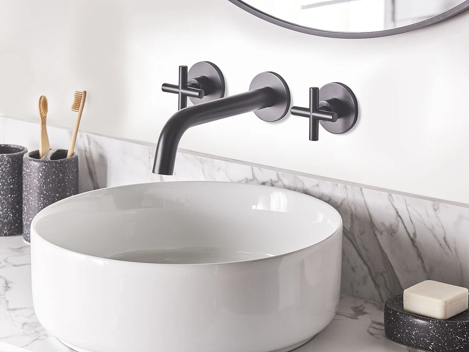 Wall Mounted Basin Mixer Tap KAIETEUR Brass Black