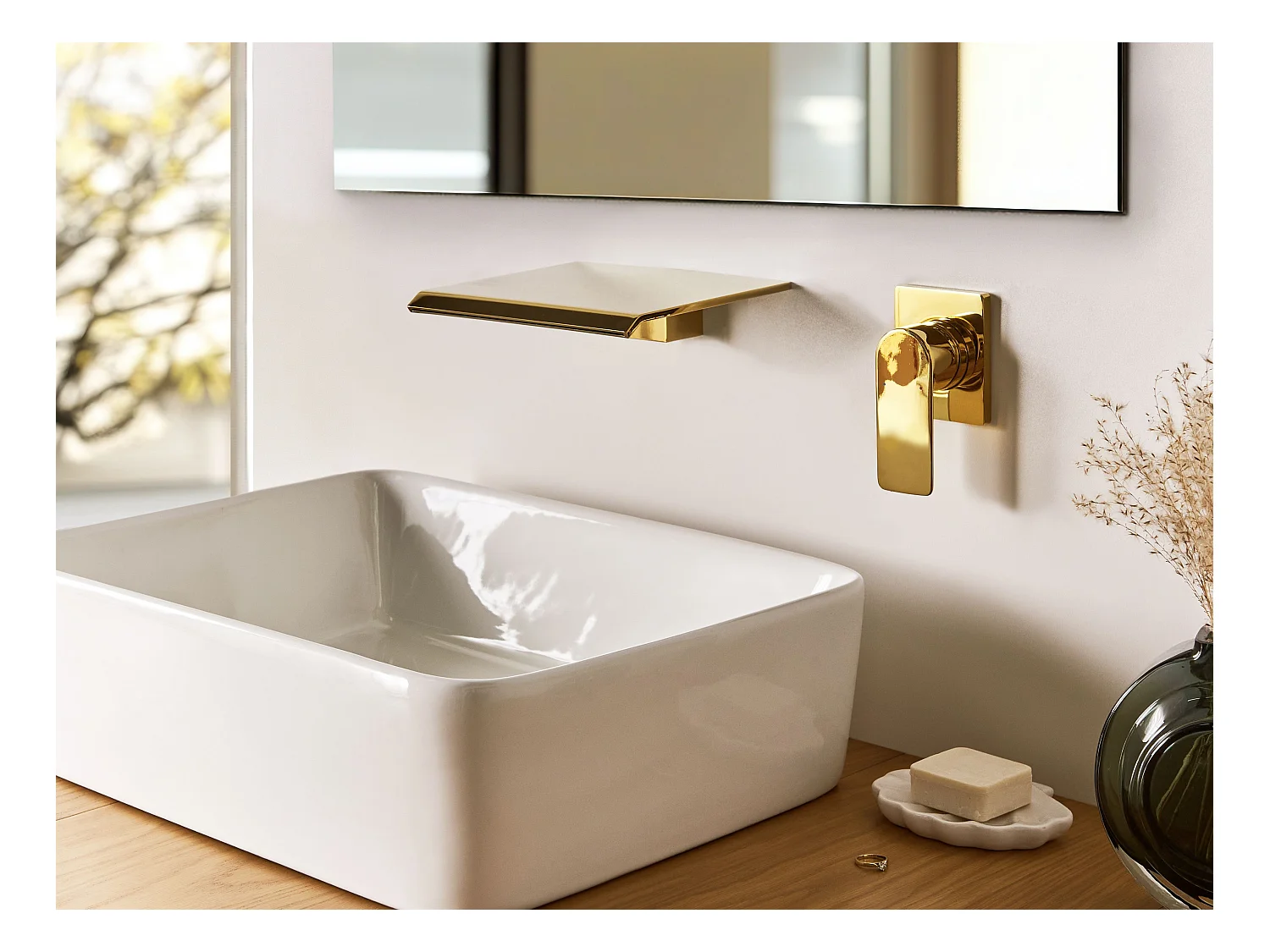 Robinet de lavabo mural APONWAO Laiton Doré