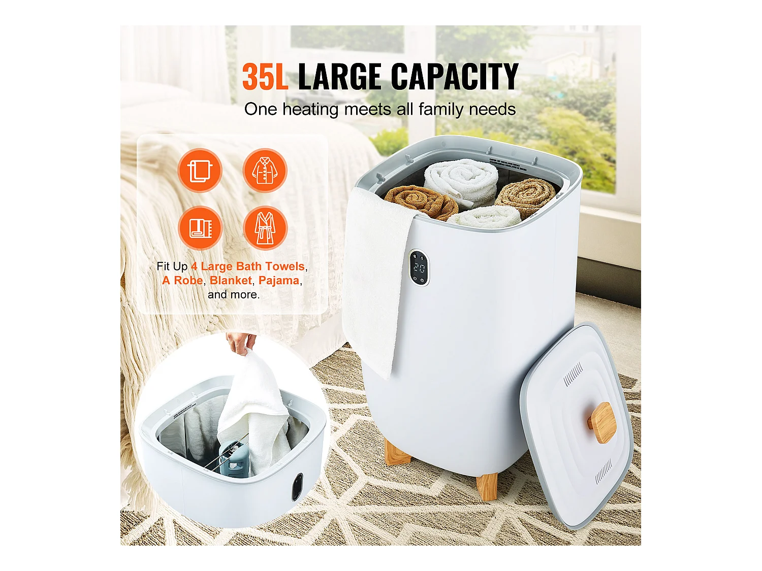 Sèche Serviettes Seau Chauffe Serviette SucceBuy 35L, Écran LED, Fonction Séchage, Minuterie, Blanc