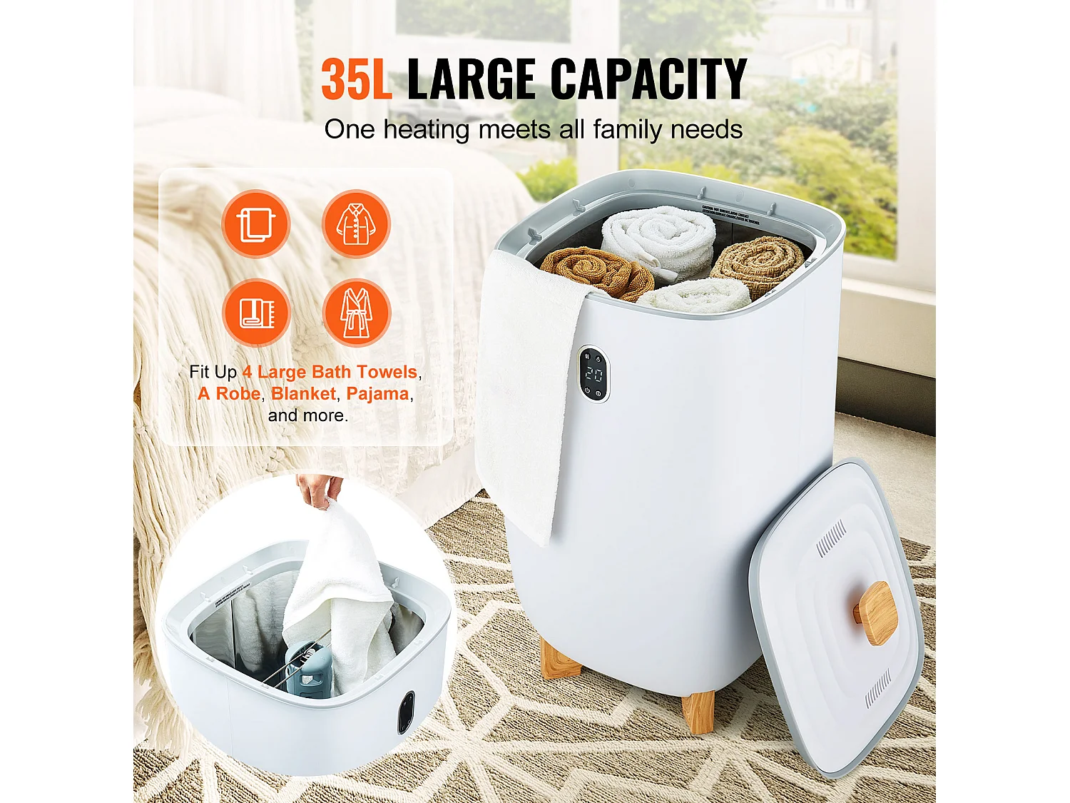 Secador de Toallas SucceBuy, Balde Calentador de Toallas 35L, Pantalla LED, Función Secado, Minutería, Blanco