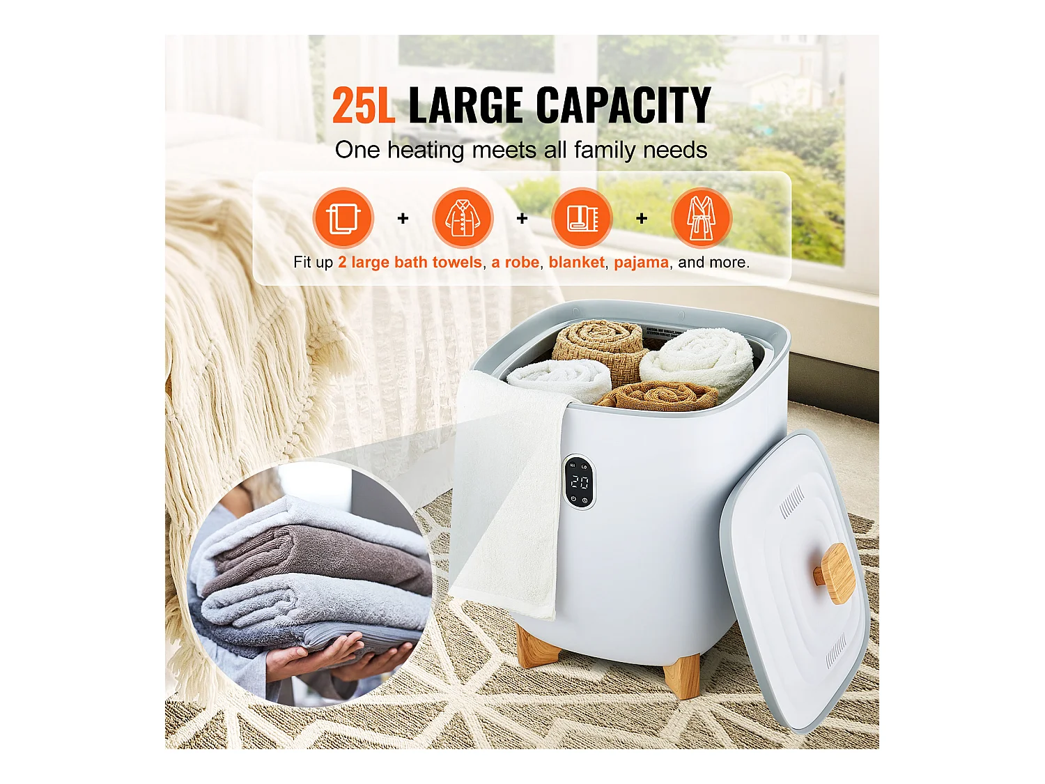 Sèche Serviettes Seau Chauffe Serviette SucceBuy 25L, Écran LED, Chauffage par le Bas, Minuterie, Blanc