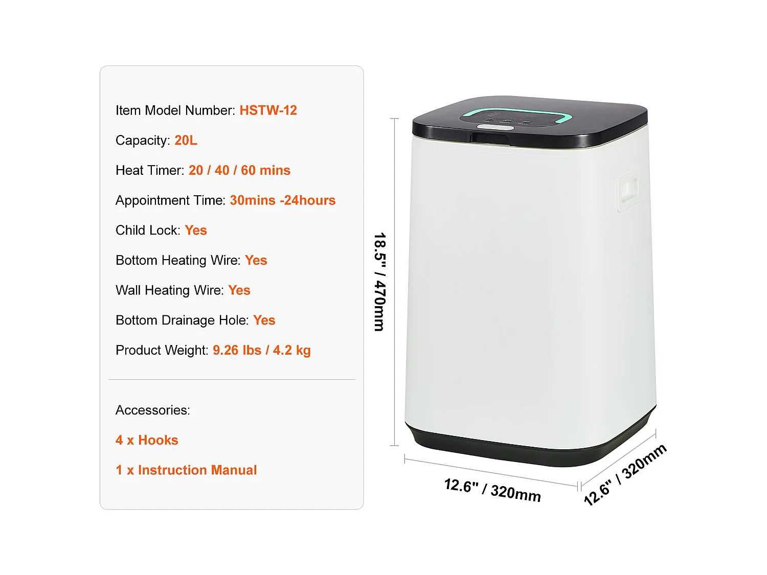 Sèche Serviettes Seau Chauffe Serviette SucceBuy 20L, Écran LED, Lumière en U, Minuterie, Blanc