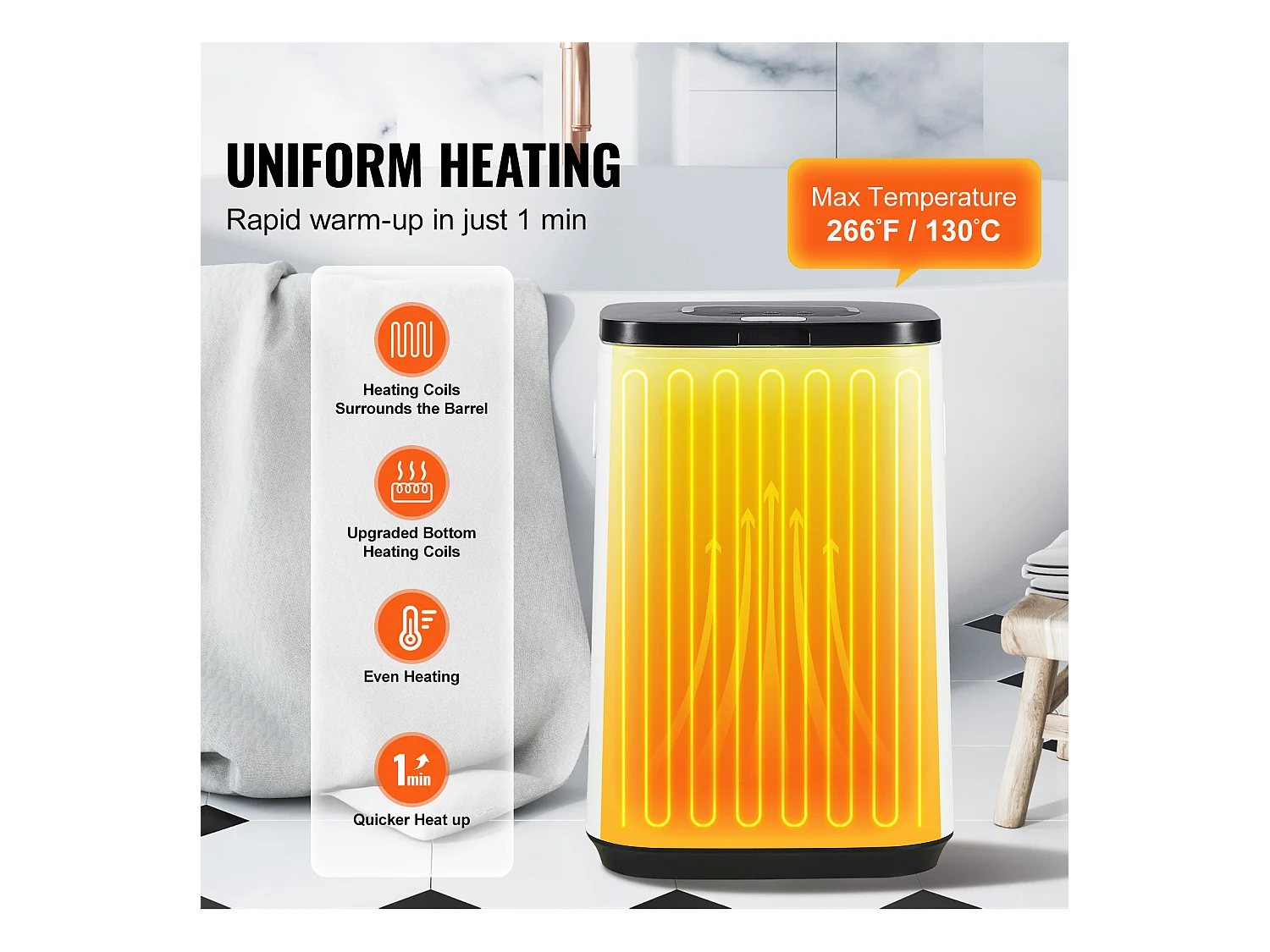 Sèche Serviettes Seau Chauffe Serviette SucceBuy 20L, Écran LED, Lumière en U, Minuterie, Blanc