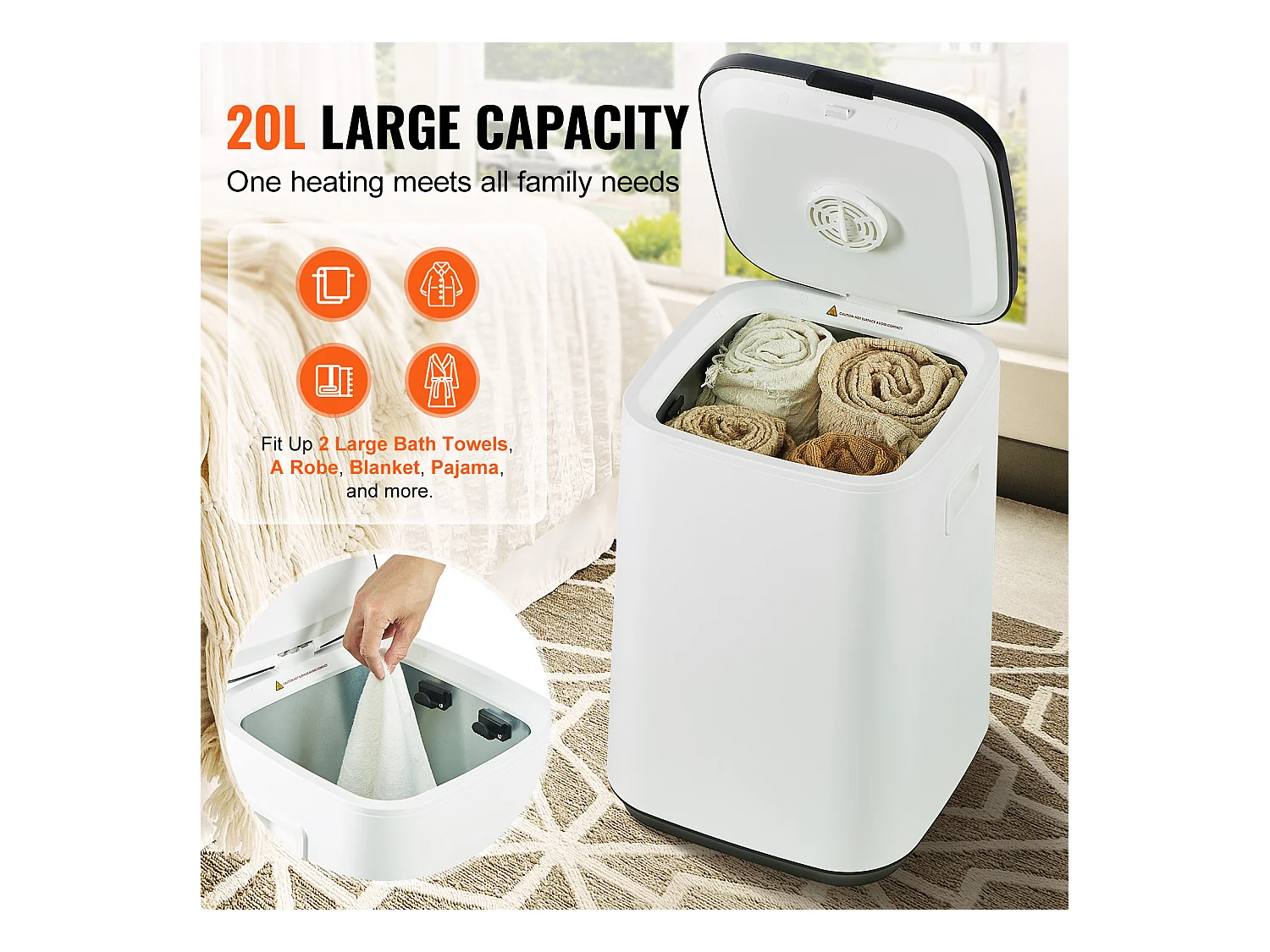 Sèche Serviettes Seau Chauffe Serviette SucceBuy 20L, Écran LED, Lumière en U, Minuterie, Blanc