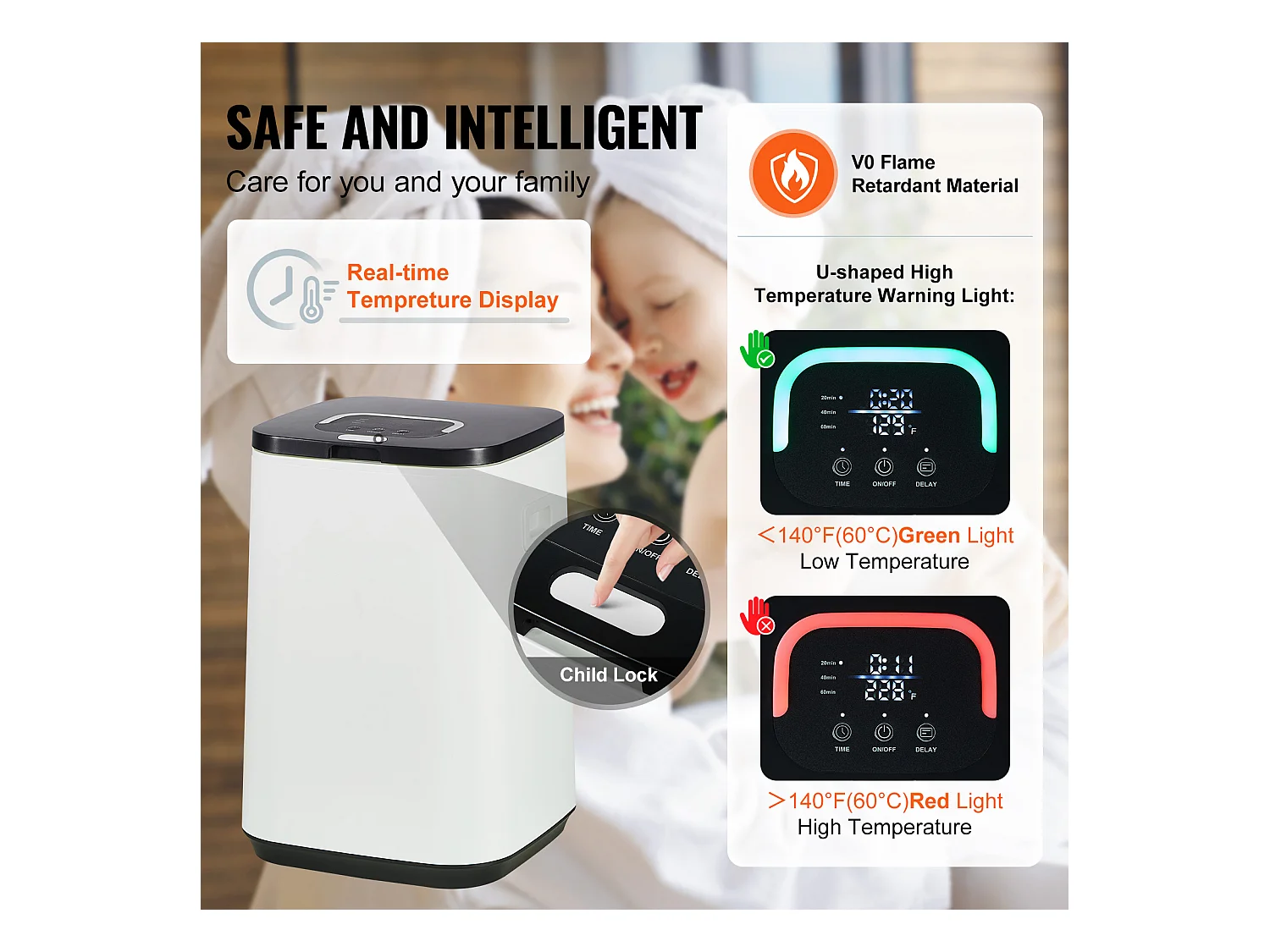 Sèche Serviettes Seau Chauffe Serviette SucceBuy 20L, Écran LED, Lumière en U, Minuterie, Blanc