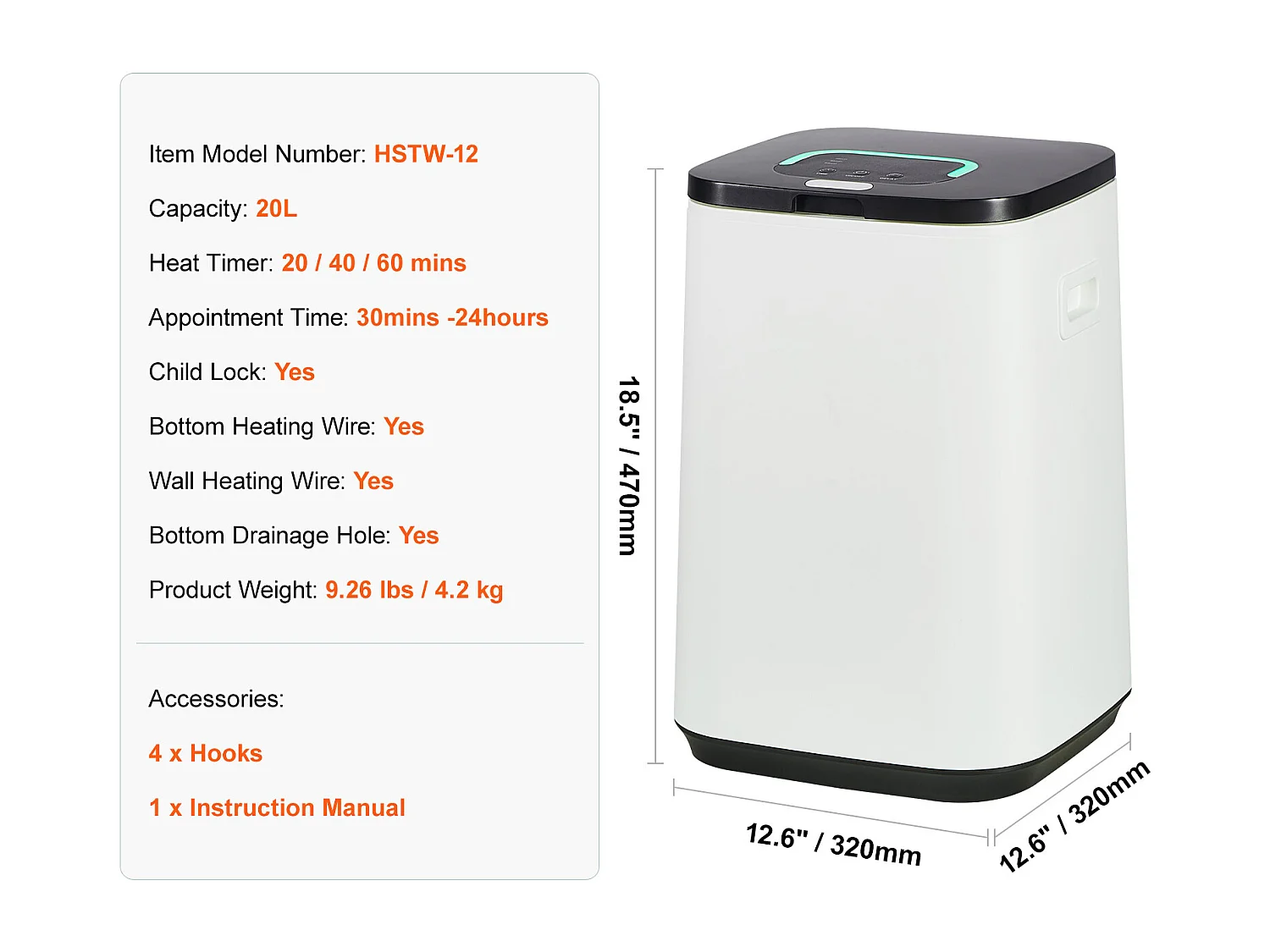 Sèche Serviettes Seau Chauffe Serviette SucceBuy 20L, Écran LED, Lumière en U, Minuterie, Blanc