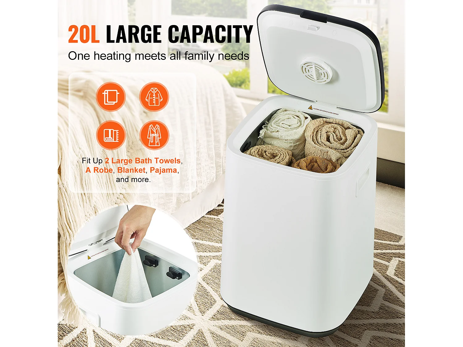 Sèche Serviettes Seau Chauffe Serviette SucceBuy 20L, Écran LED, Lumière en U, Minuterie, Blanc