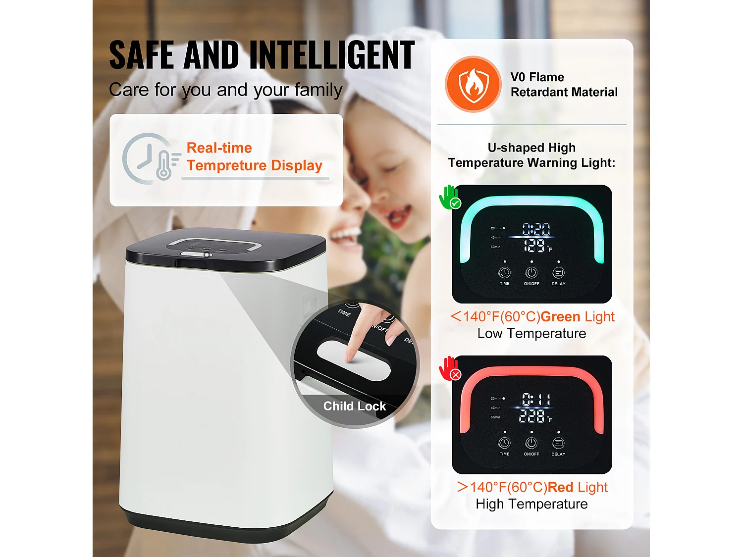 Sèche Serviettes Seau Chauffe Serviette SucceBuy 20L, Écran LED, Lumière en U, Minuterie, Blanc