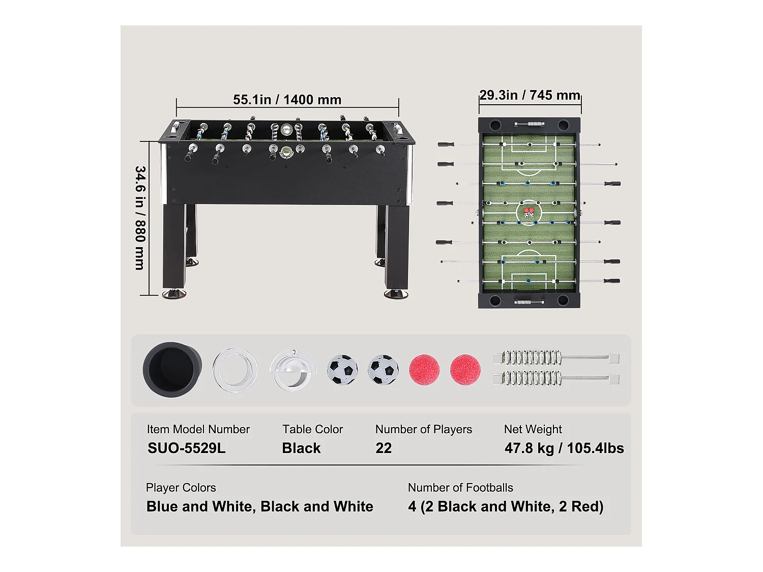 Mesa de Jogo de Matraquilhos SucceBuy Mesa de Matraquilhos de 139.7 cm, Jogo de Futebol Padrão para Uso Doméstico