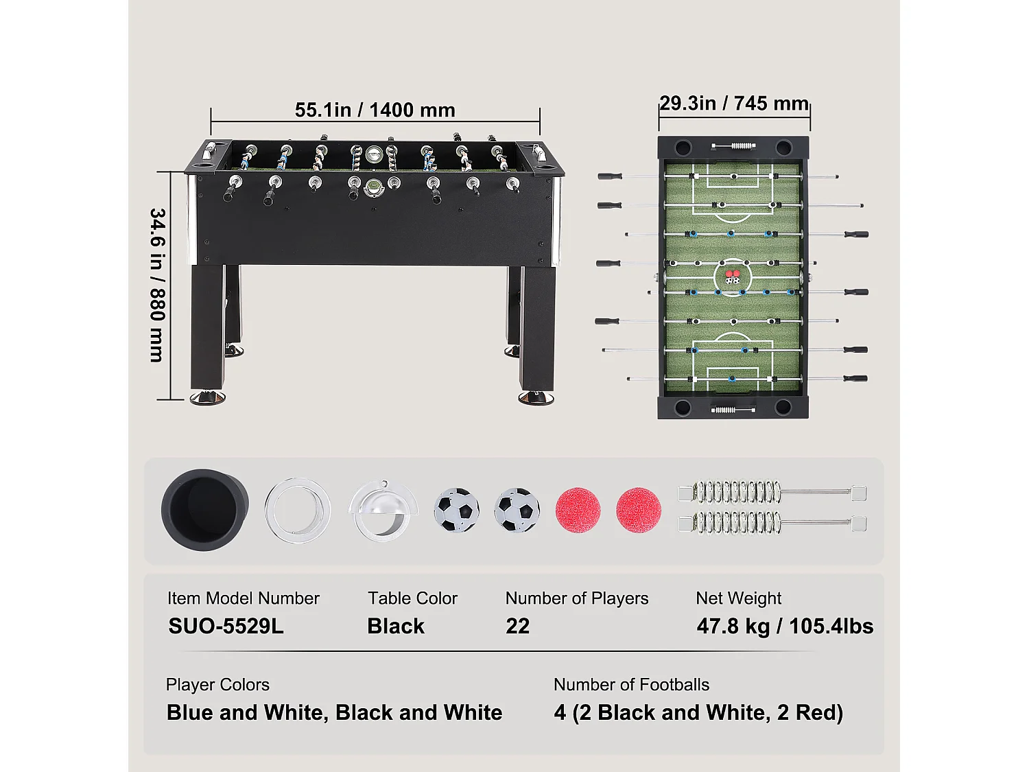 Babyfoot Table de Jeu Football SucceBuy Table de Baby-Foot de 139.7 cm, Jeu de Football Standard pour un Usage Domestique