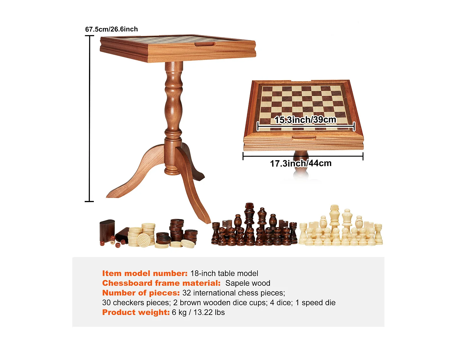 Jeu d'Échec, SucceBuy Ensemble de Meubles de Table de Jeu d'Échec et de Backgammon 3-EN-1 45,7 cm