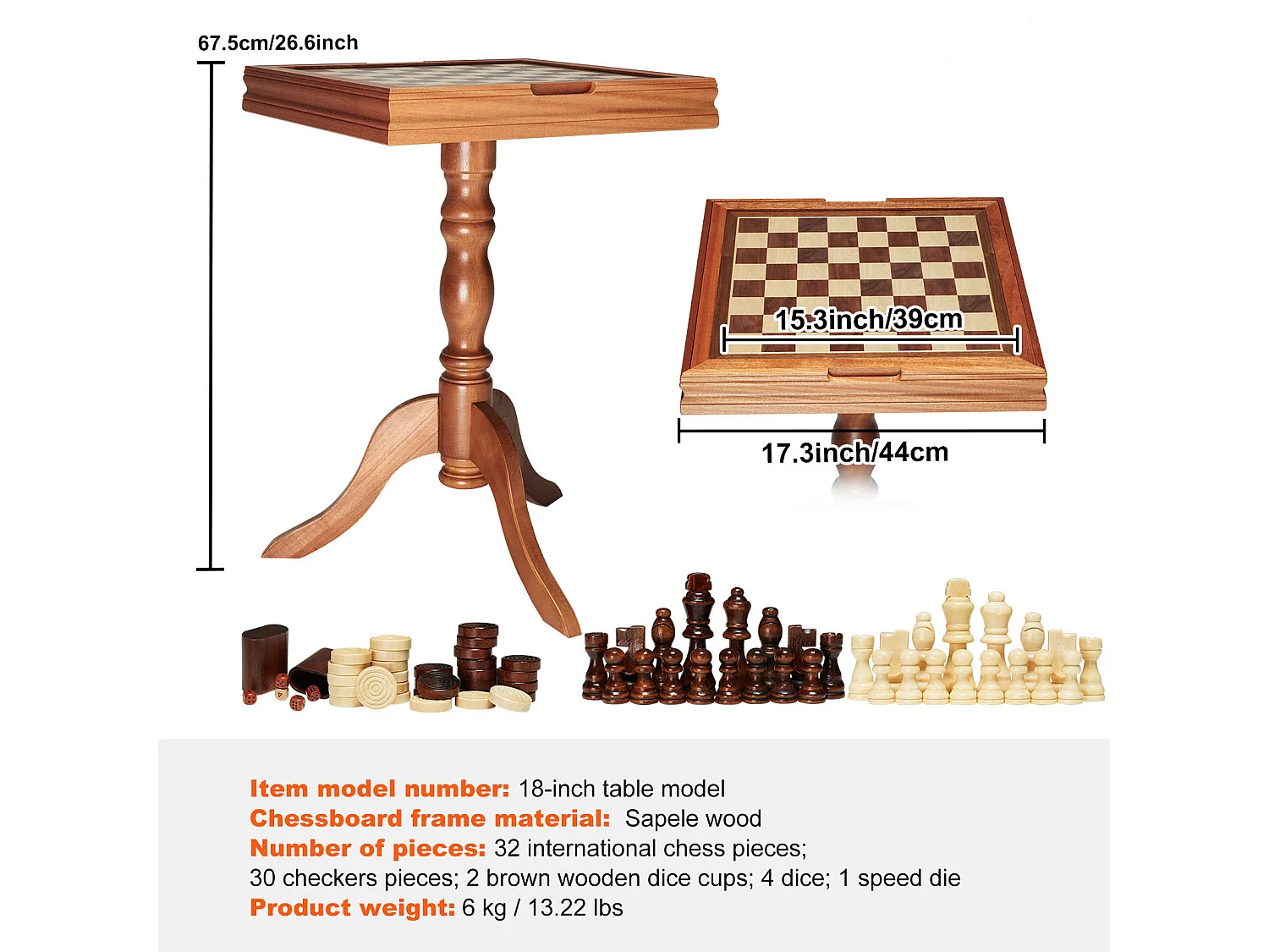 Jeu d'Échec, SucceBuy Ensemble de Meubles de Table de Jeu d'Échec et de Backgammon 3-EN-1 45,7 cm