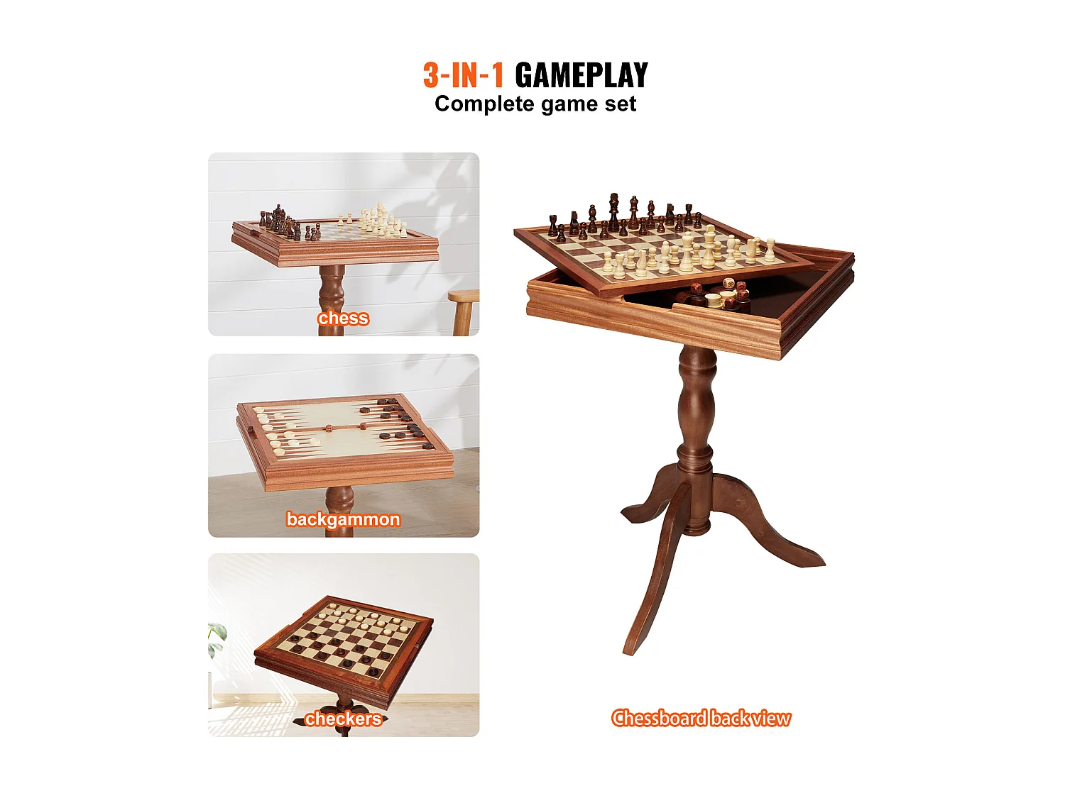 Jeu d'Échec, SucceBuy Ensemble de Meubles de Table de Jeu d'Échec et de Backgammon 3-EN-1 45,7 cm