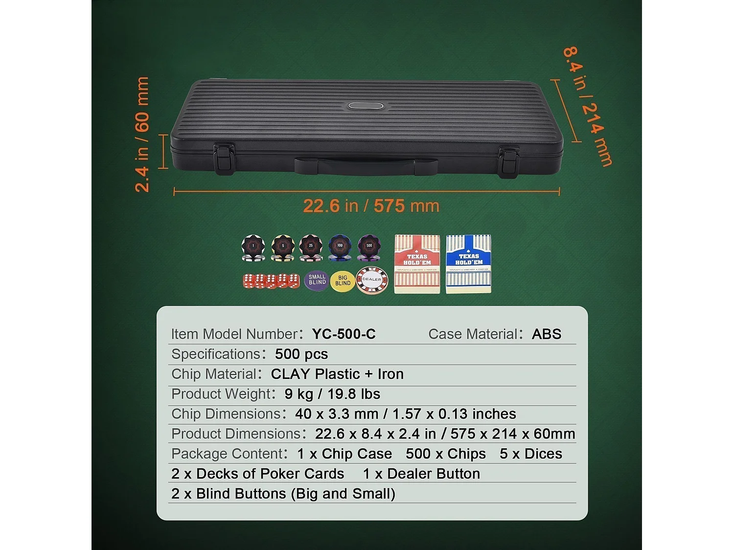 Mallette de Poker, SucceBuy Jeu de Jetons de Poker de 500 Pièces avec Étui, Jetons de 14 g pour Texas Holdem