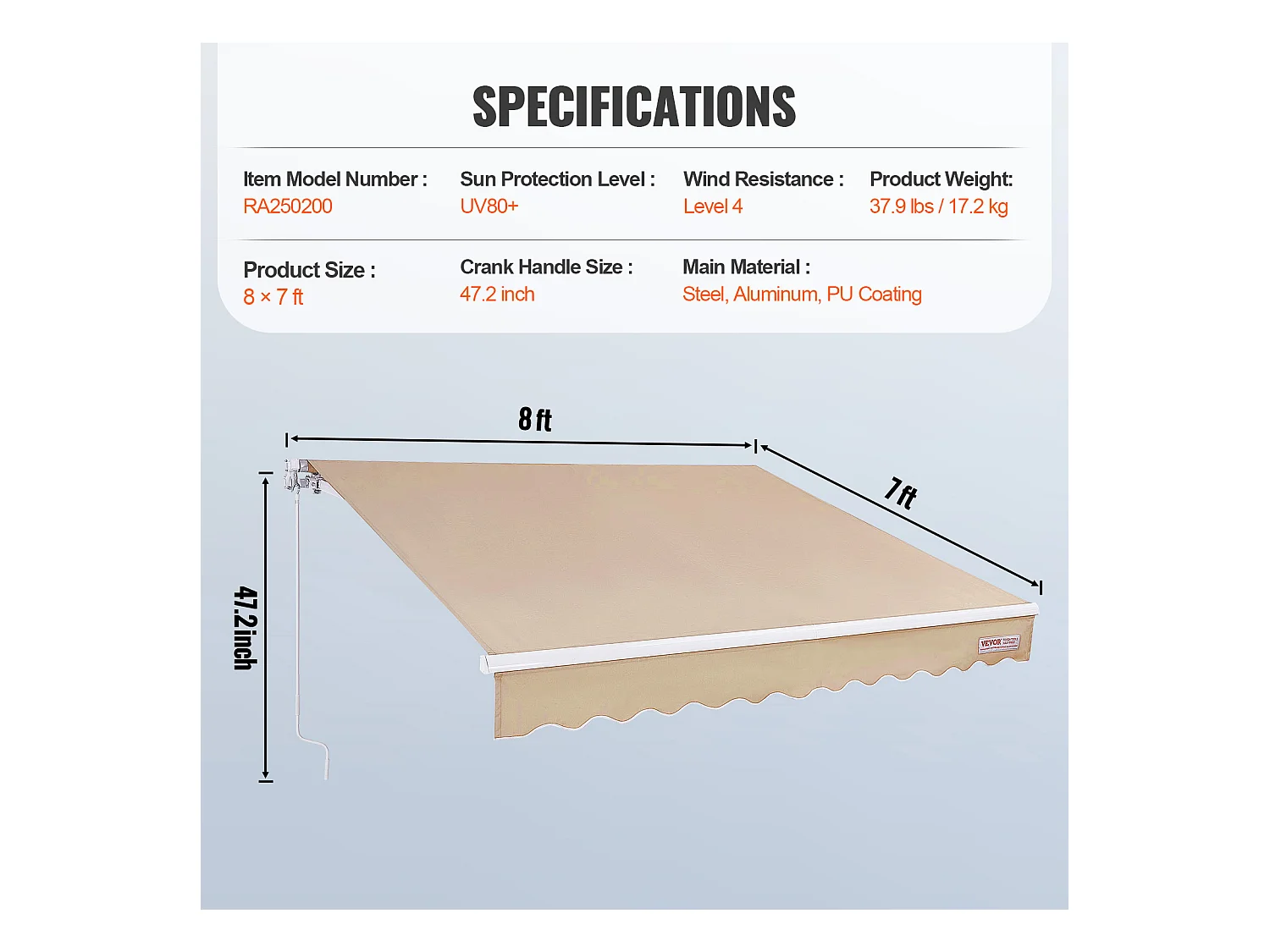 Store Banne Manuel Rétractable SucceBuy Auvent de Terrasse Rétractable 243.84 x 213.36cm Auvent Pare-soleil Abri avec Manivelle