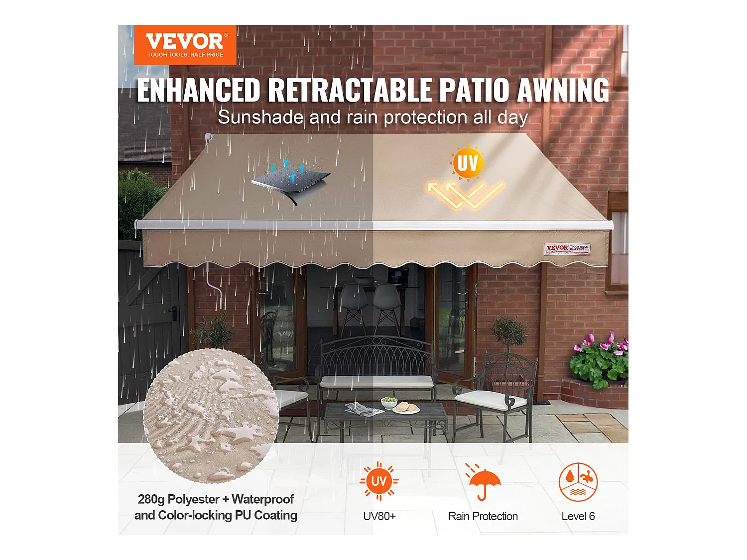 Store Banne Manuel Rétractable SucceBuy Auvent de Terrasse Rétractable 243.84 x 213.36cm Auvent Pare-soleil Abri avec Manivelle