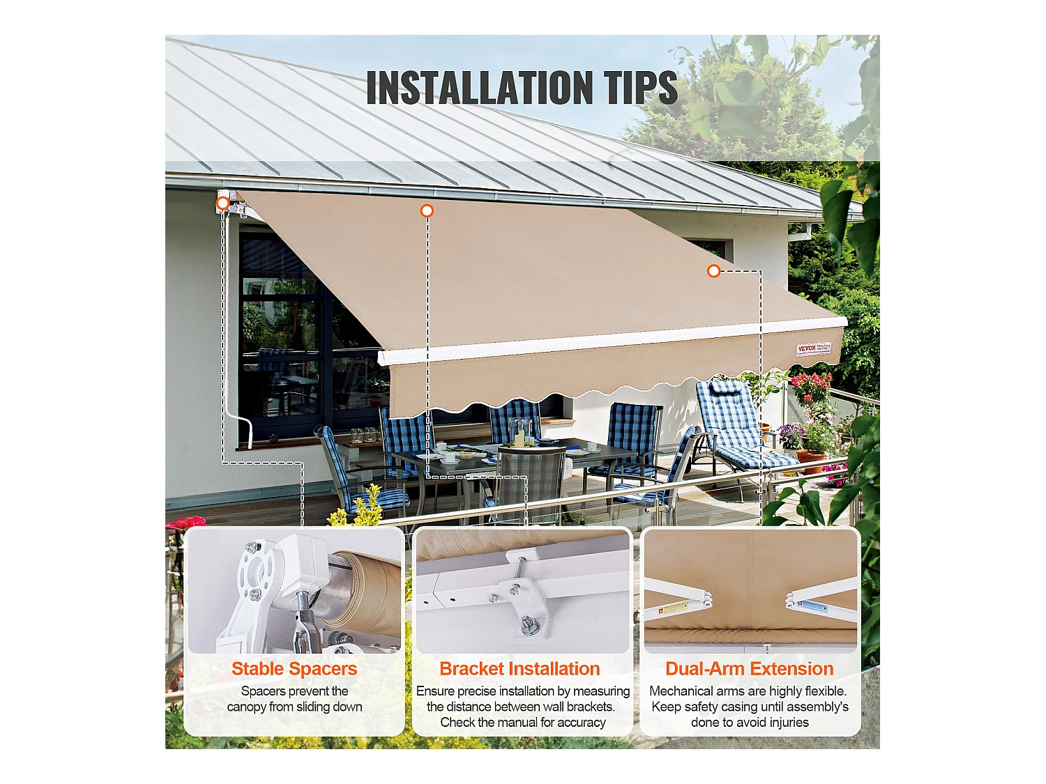 Store Banne Manuel Rétractable SucceBuy Auvent de Terrasse Rétractable 243.84 x 213.36cm Auvent Pare-soleil Abri avec Manivelle