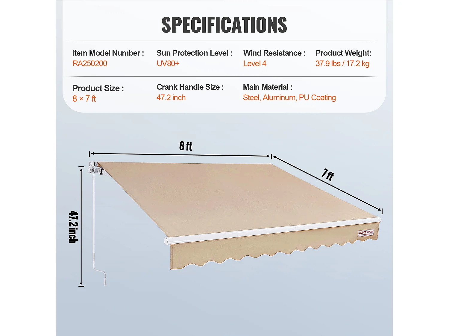 Store Banne Manuel Rétractable SucceBuy Auvent de Terrasse Rétractable 243.84 x 213.36cm Auvent Pare-soleil Abri avec Manivelle