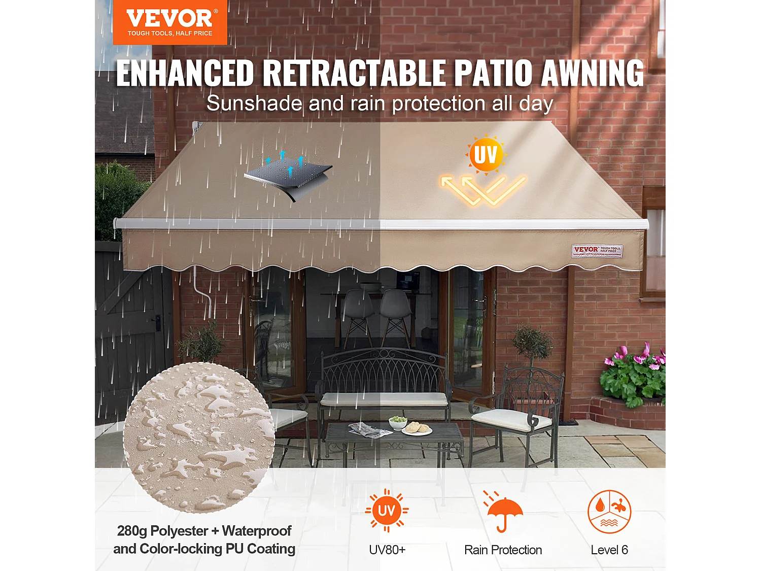 Store Banne Manuel Rétractable SucceBuy Auvent de Terrasse Rétractable 243.84 x 213.36cm Auvent Pare-soleil Abri avec Manivelle