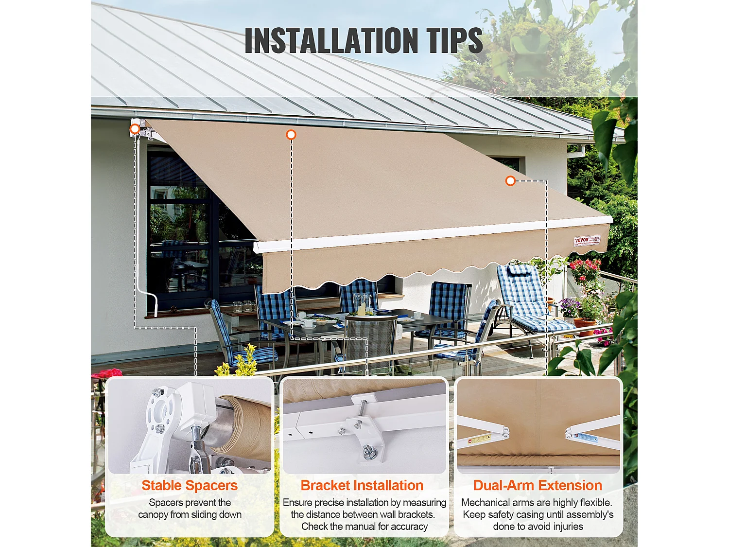 Store Banne Manuel Rétractable SucceBuy Auvent de Terrasse Rétractable 243.84 x 213.36cm Auvent Pare-soleil Abri avec Manivelle