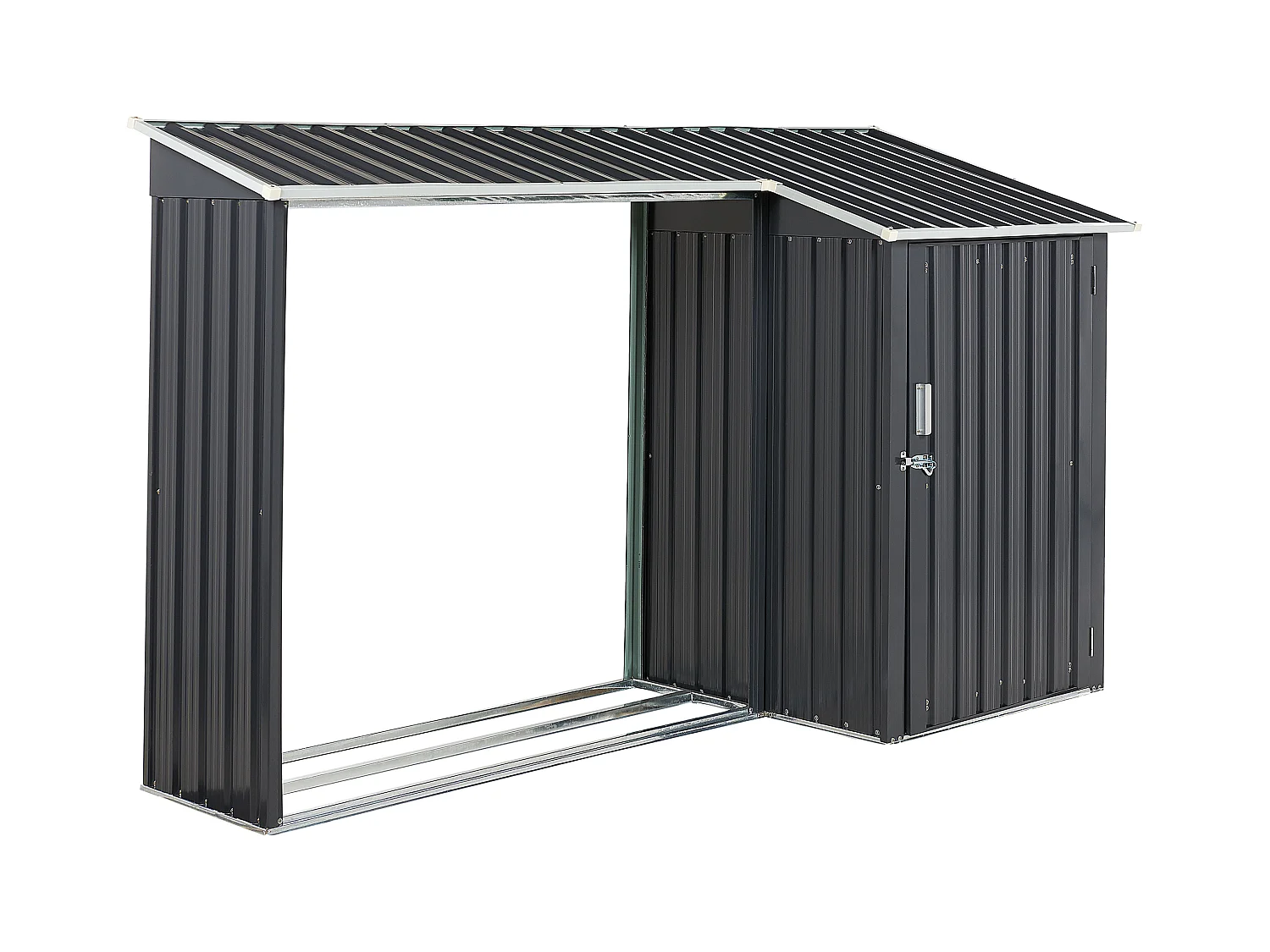 Gerätehaus Metall grau mit Holzunterstand Pultdach Tür 270 cm Modern Aosta