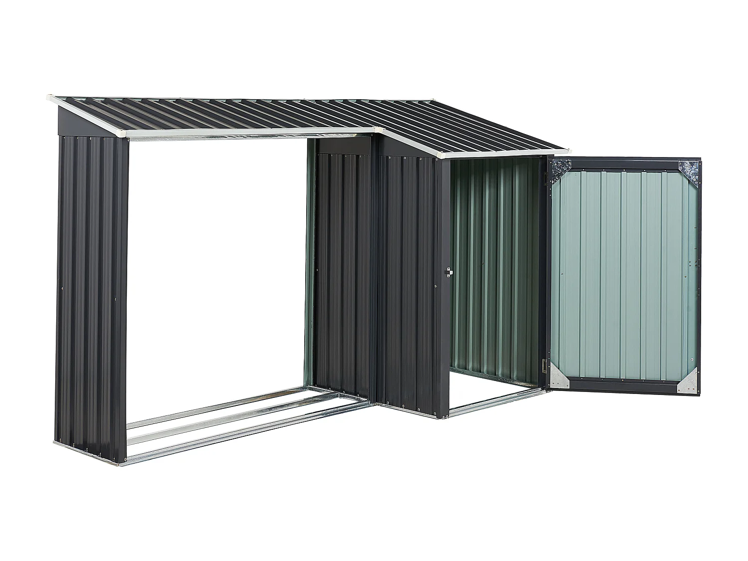 Gerätehaus Metall grau mit Holzunterstand Pultdach Tür 270 cm Modern Aosta