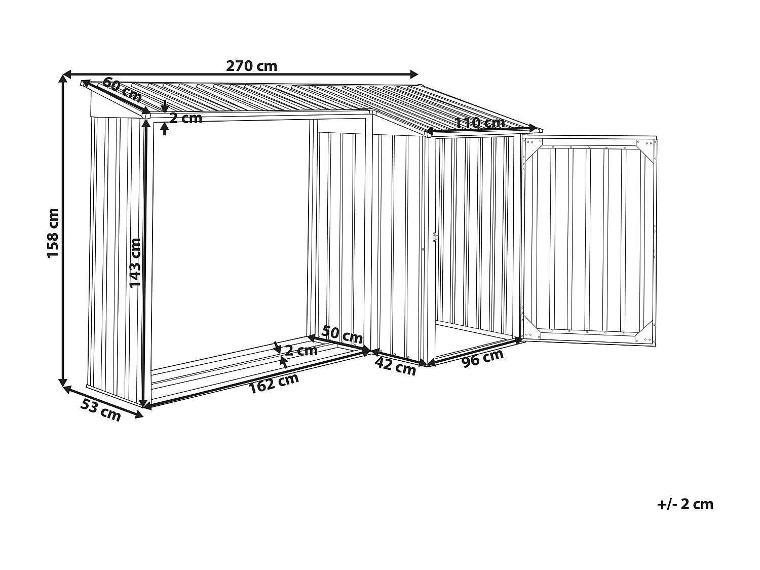 Gerätehaus Metall grau mit Holzunterstand Pultdach Tür 270 cm Modern Aosta