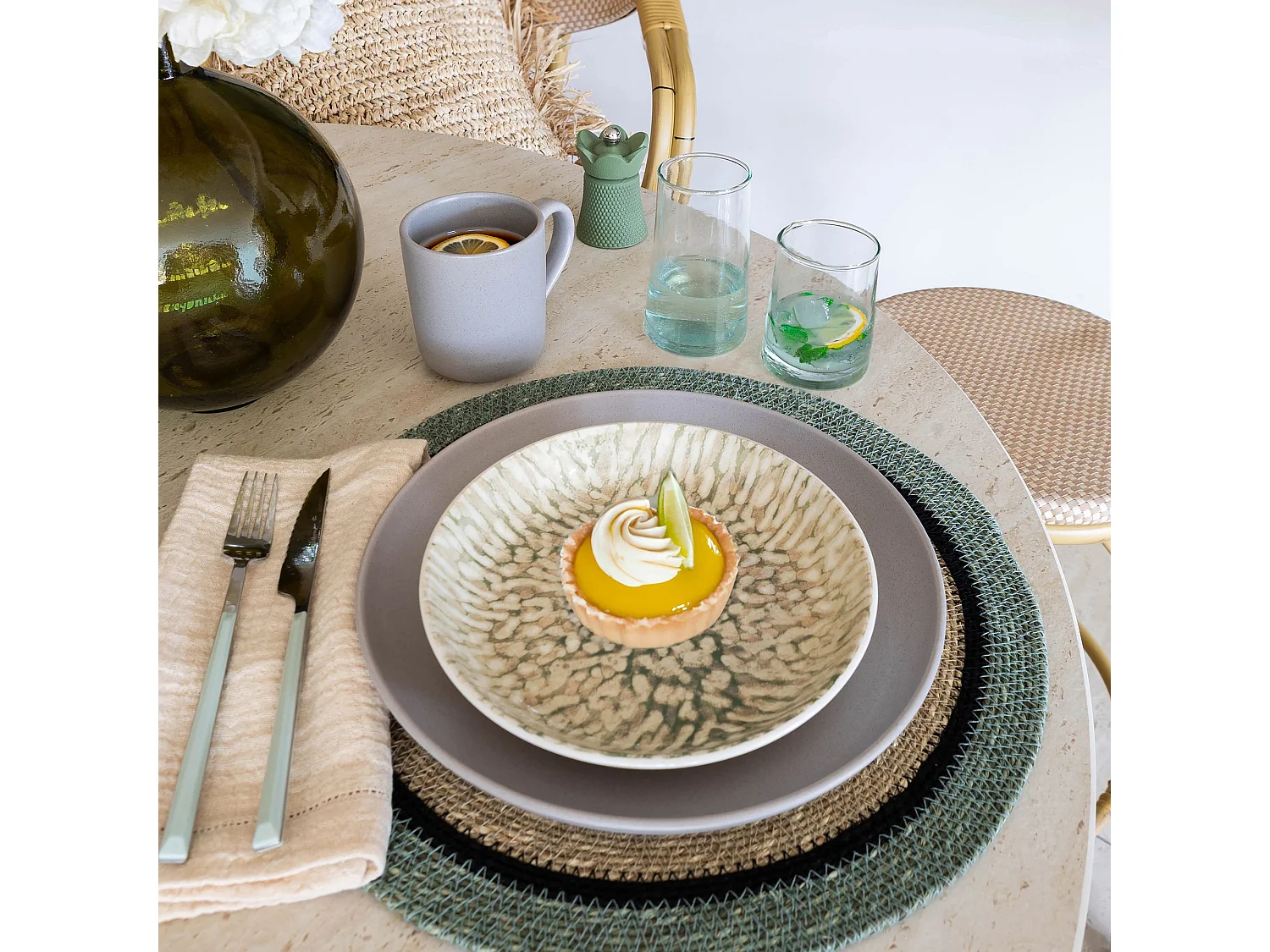 Novastyl - Lot 6 Assiettes A Dessert Jade 20cm En Gres Beige Et Vert
