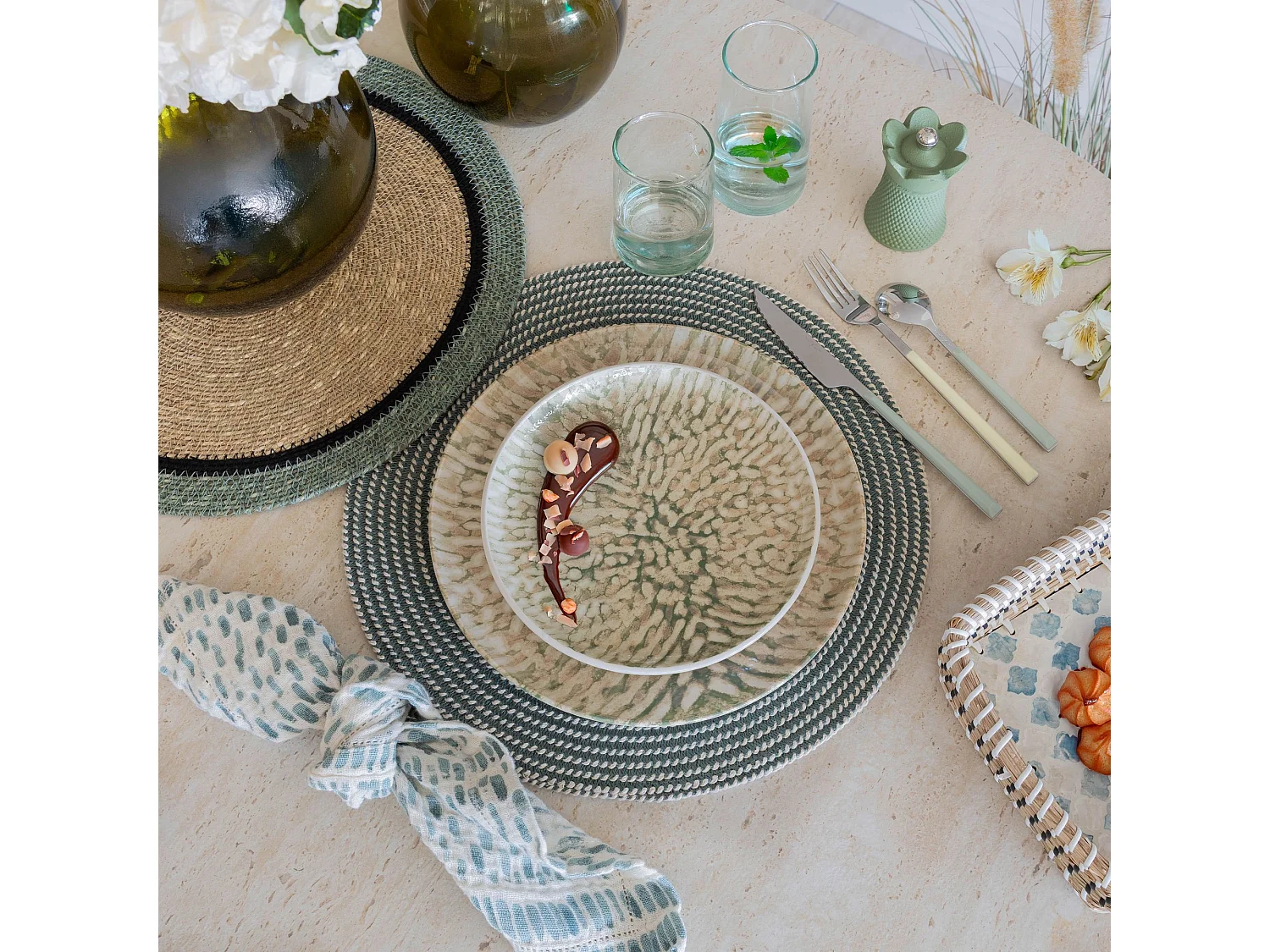 Novastyl - Lot 6 Assiettes A Dessert Jade 20cm En Gres Beige Et Vert